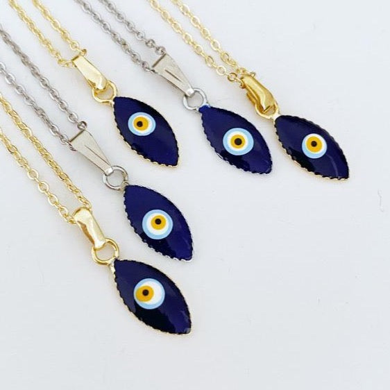 Handmade blue evil eye teardrop necklace with gold chain, symbolizing protection and luck.