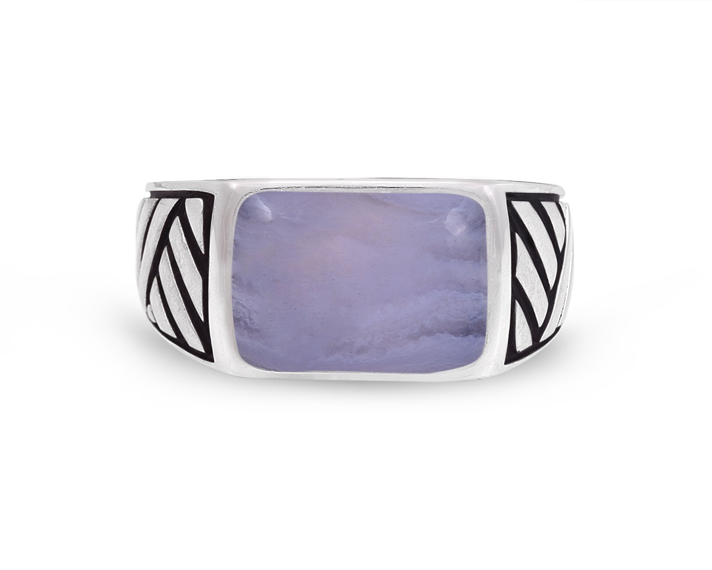 Blue Lace Agate Stone Signet Ring featuring Black Rhodium plating and Aztec-inspired texture on a sleek design.