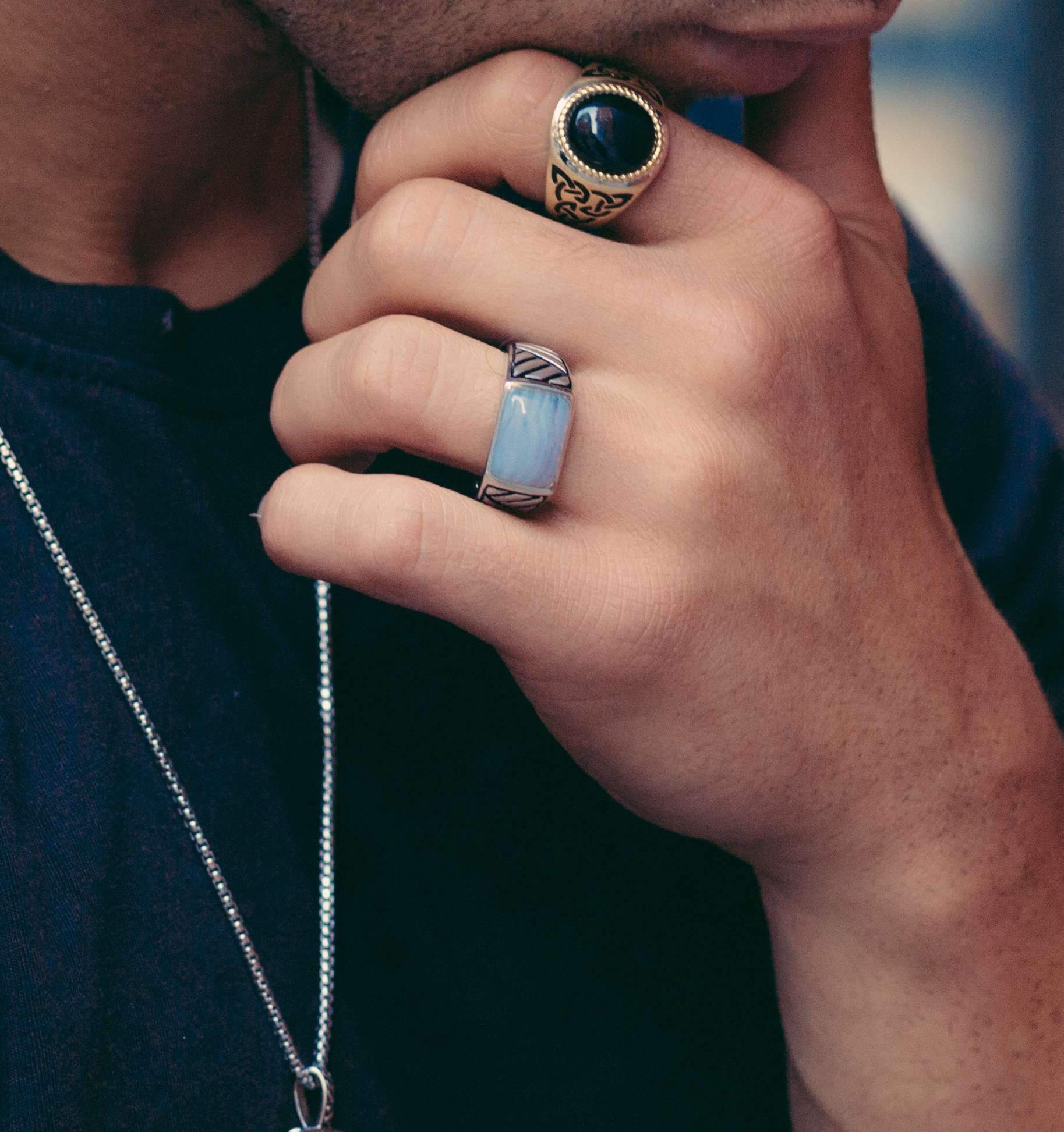 Blue Lace Agate Stone Signet Ring featuring Black Rhodium plating and Aztec-inspired texture on a sleek design.