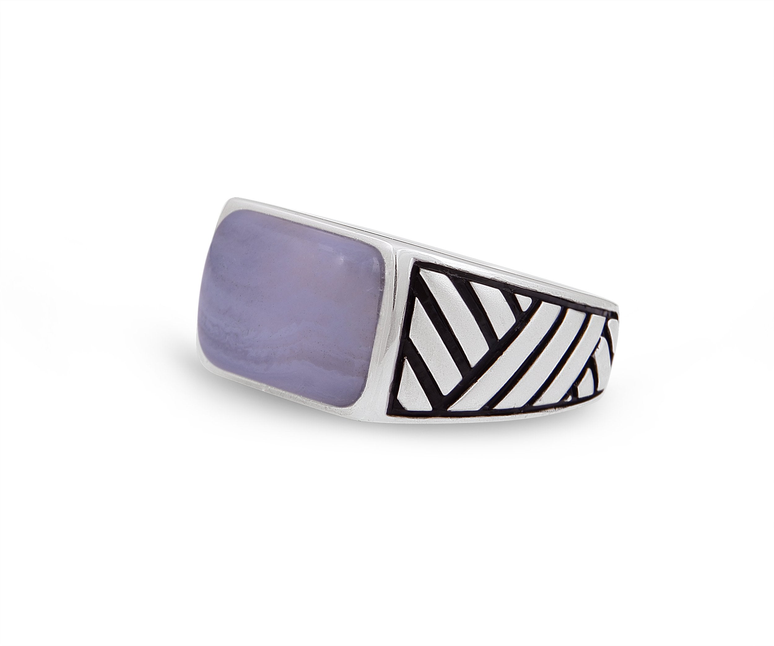 Blue Lace Agate Stone Signet Ring featuring Black Rhodium plating and Aztec-inspired texture on a sleek design.