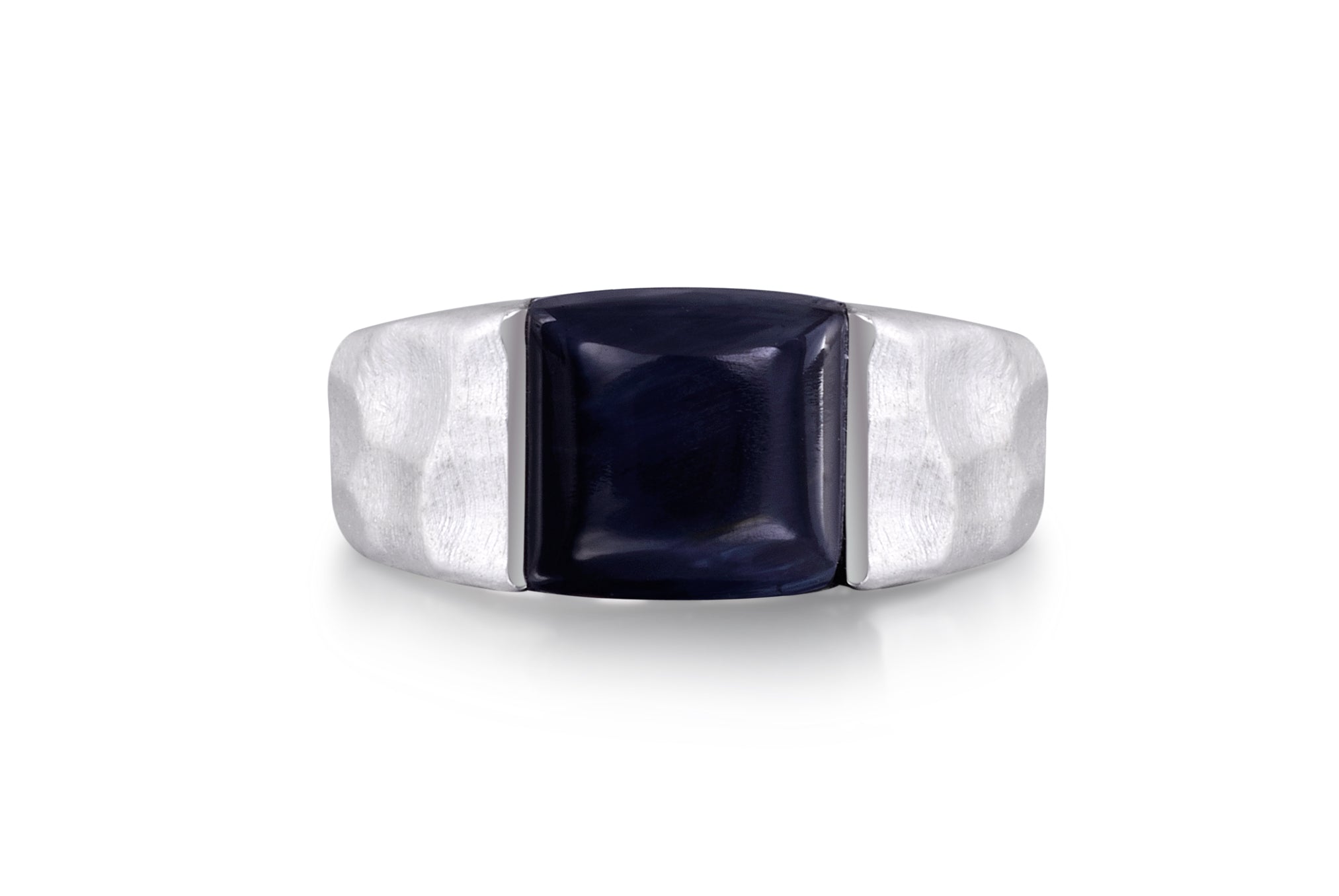 Blue Pietersite Stone Hammered Texture Signet Ring in Sterling Silver, showcasing its unique design and deep blue hues.