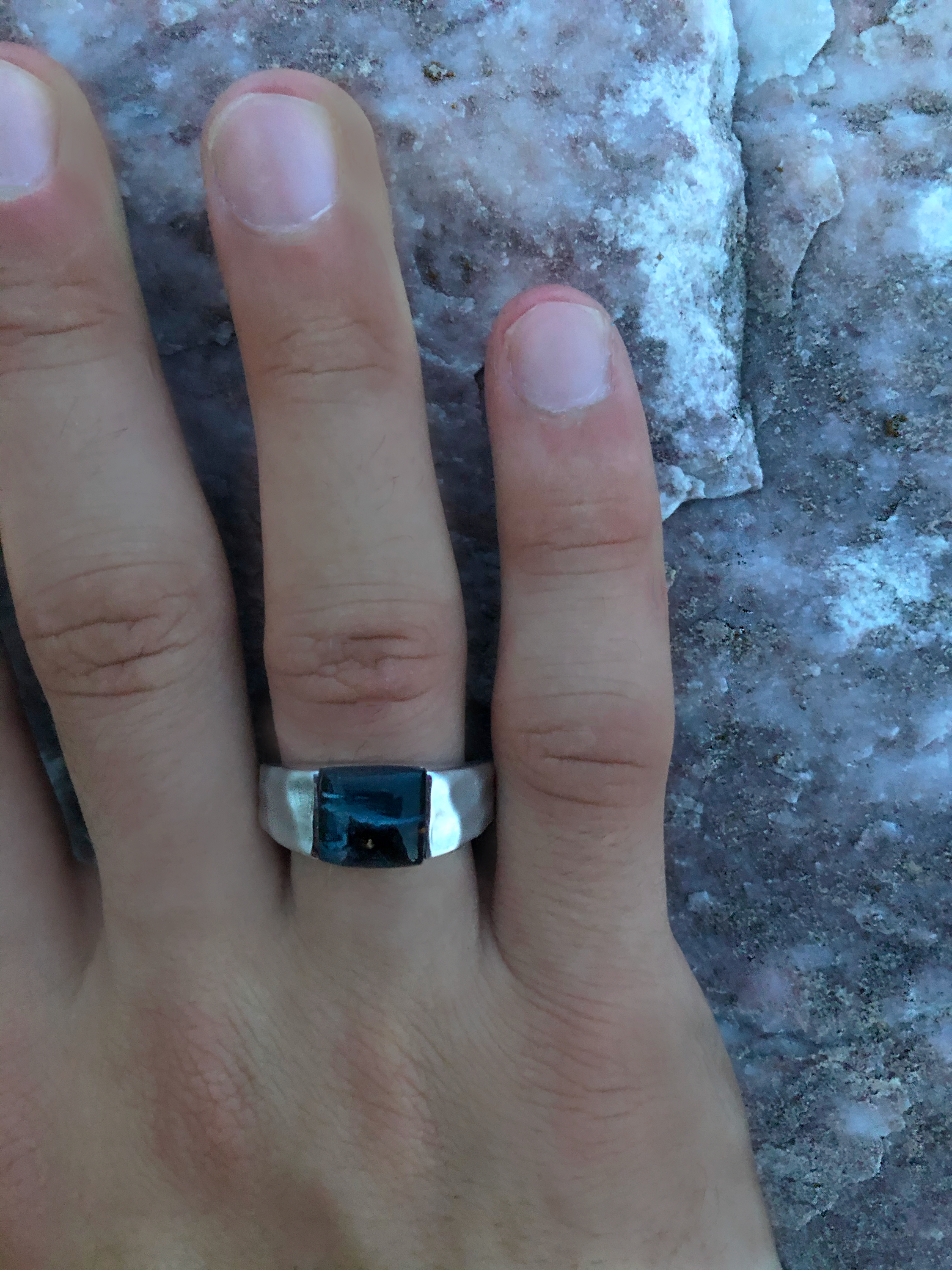 Blue Pietersite Stone Hammered Texture Signet Ring in Sterling Silver, showcasing its unique design and deep blue hues.