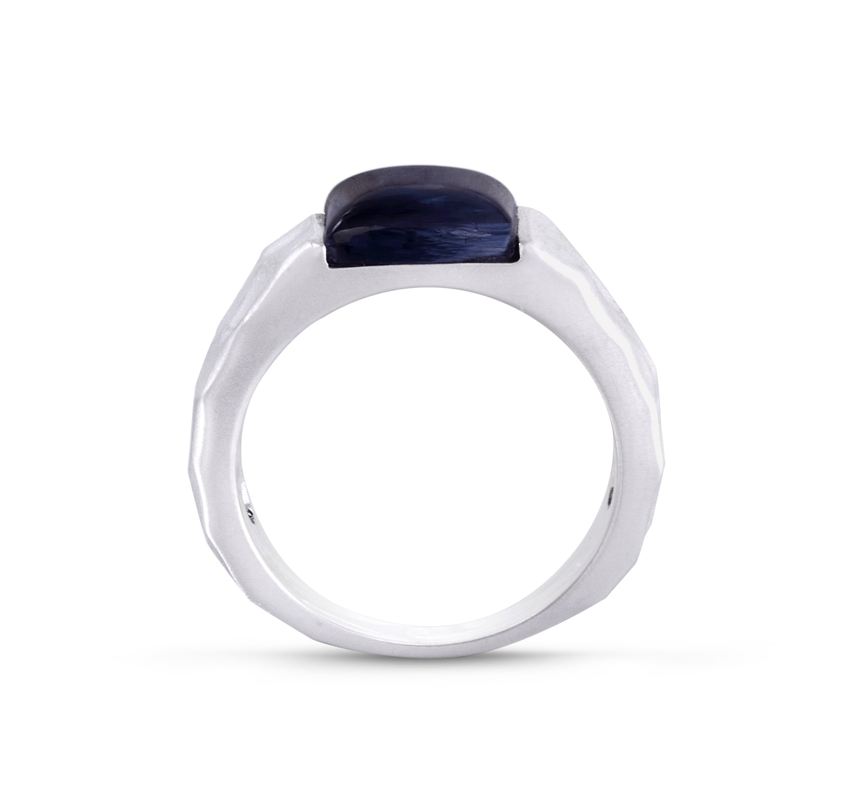 Blue Pietersite Stone Hammered Texture Signet Ring in Sterling Silver, showcasing its unique design and deep blue hues.