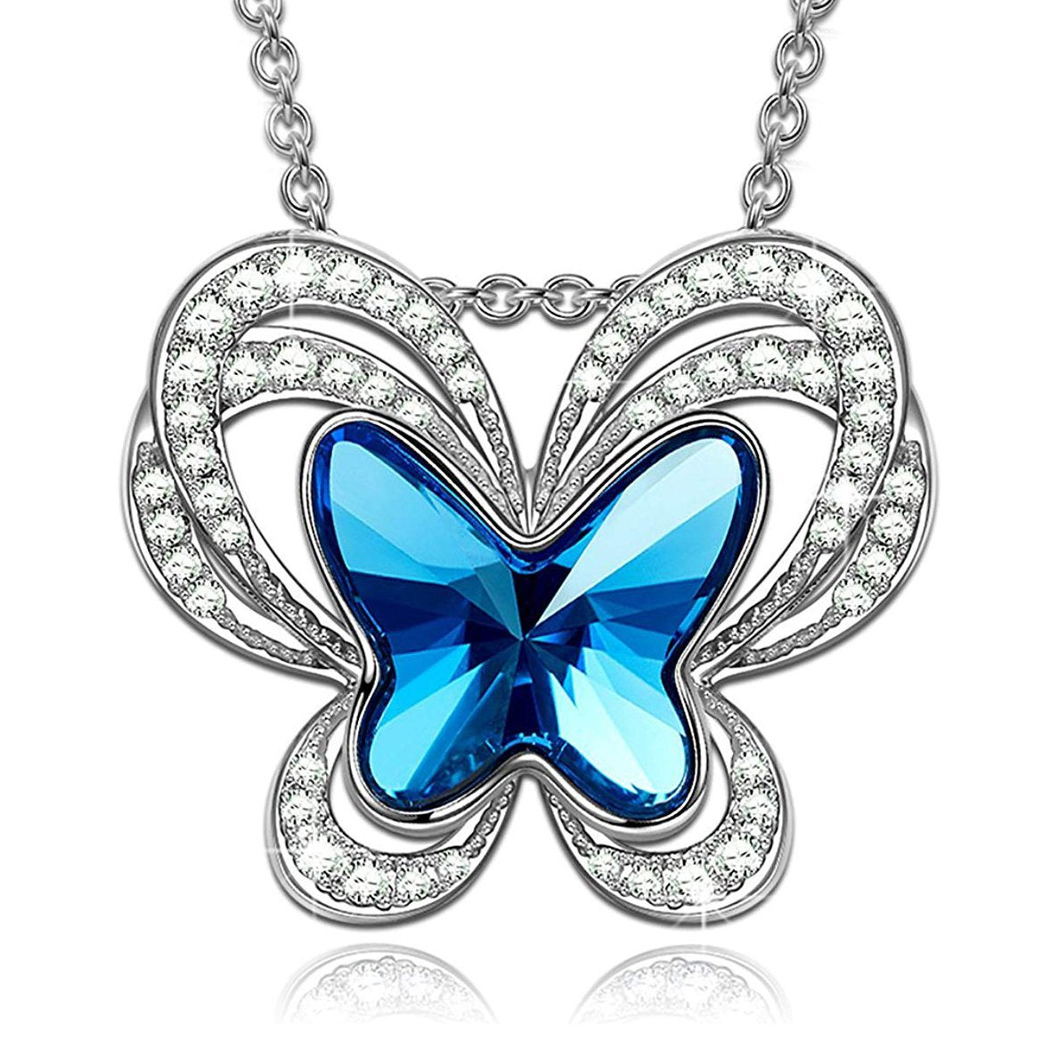 Elegant Blue Topaz Butterfly Necklace designed in Italy, featuring 18K white gold plating and embellished with sparkling Austrian crystals.