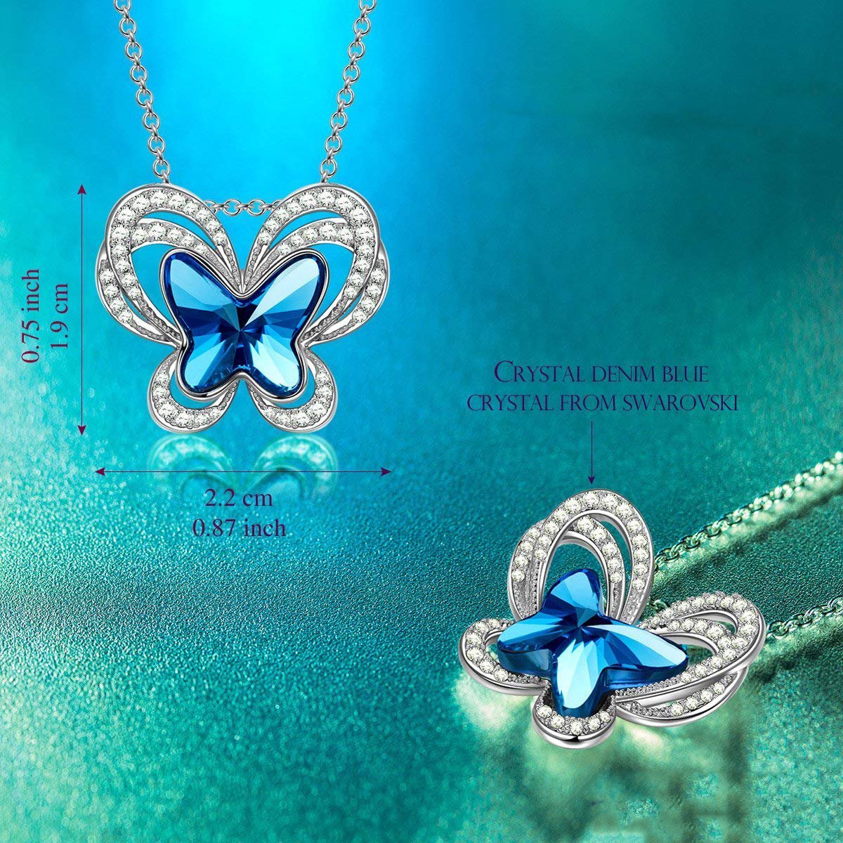 Elegant Blue Topaz Butterfly Necklace designed in Italy, featuring 18K white gold plating and embellished with sparkling Austrian crystals.