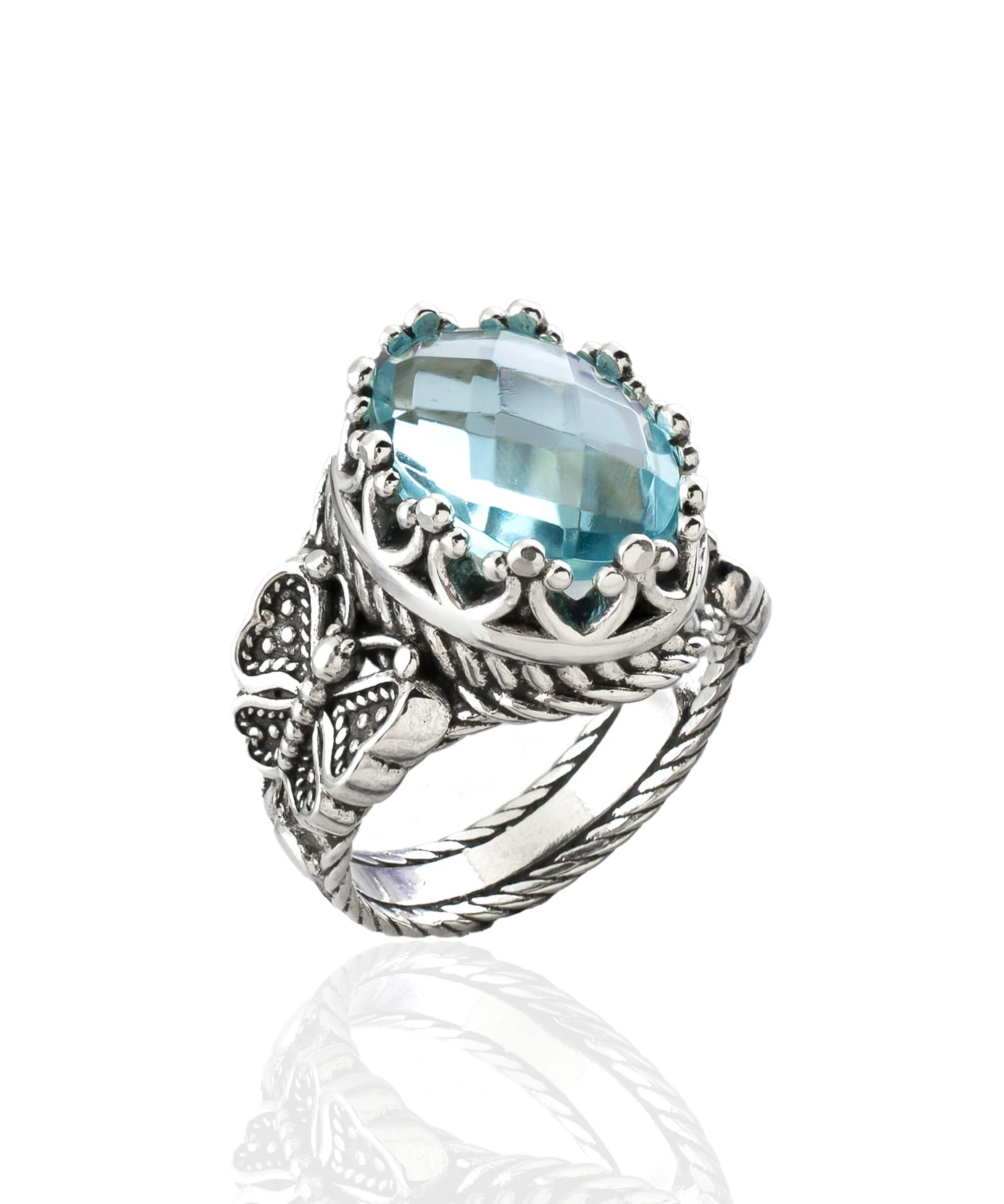 Elegant Blue Topaz Gemstone Filigree Art Double Butterfly Ring in 925 sterling silver, showcasing intricate detailing and a stunning sky blue topaz.