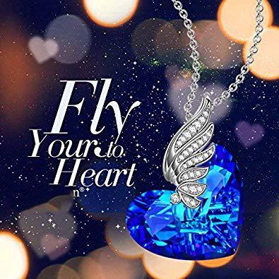 Elegant Blue Topaz Wings of my Angel Necklace featuring 18K white gold plating and Austrian crystals, designed in Italy.