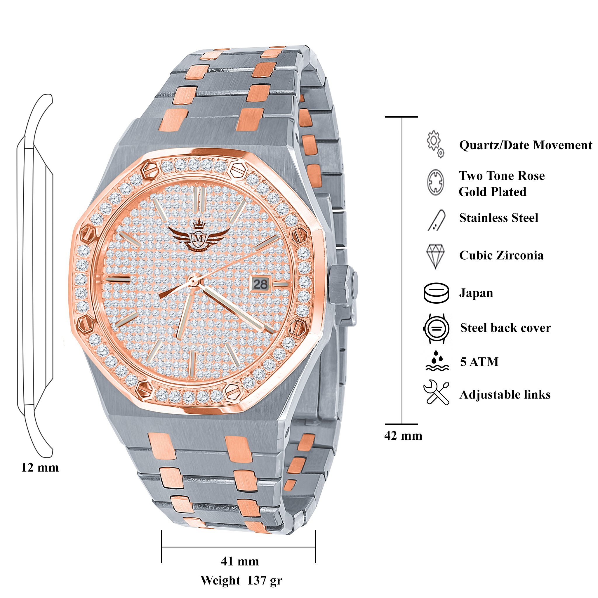 BLUEANGEL MICRO PAWE gold chronograph watch with CZ stones on a white background, showcasing its elegant design and stainless steel construction.