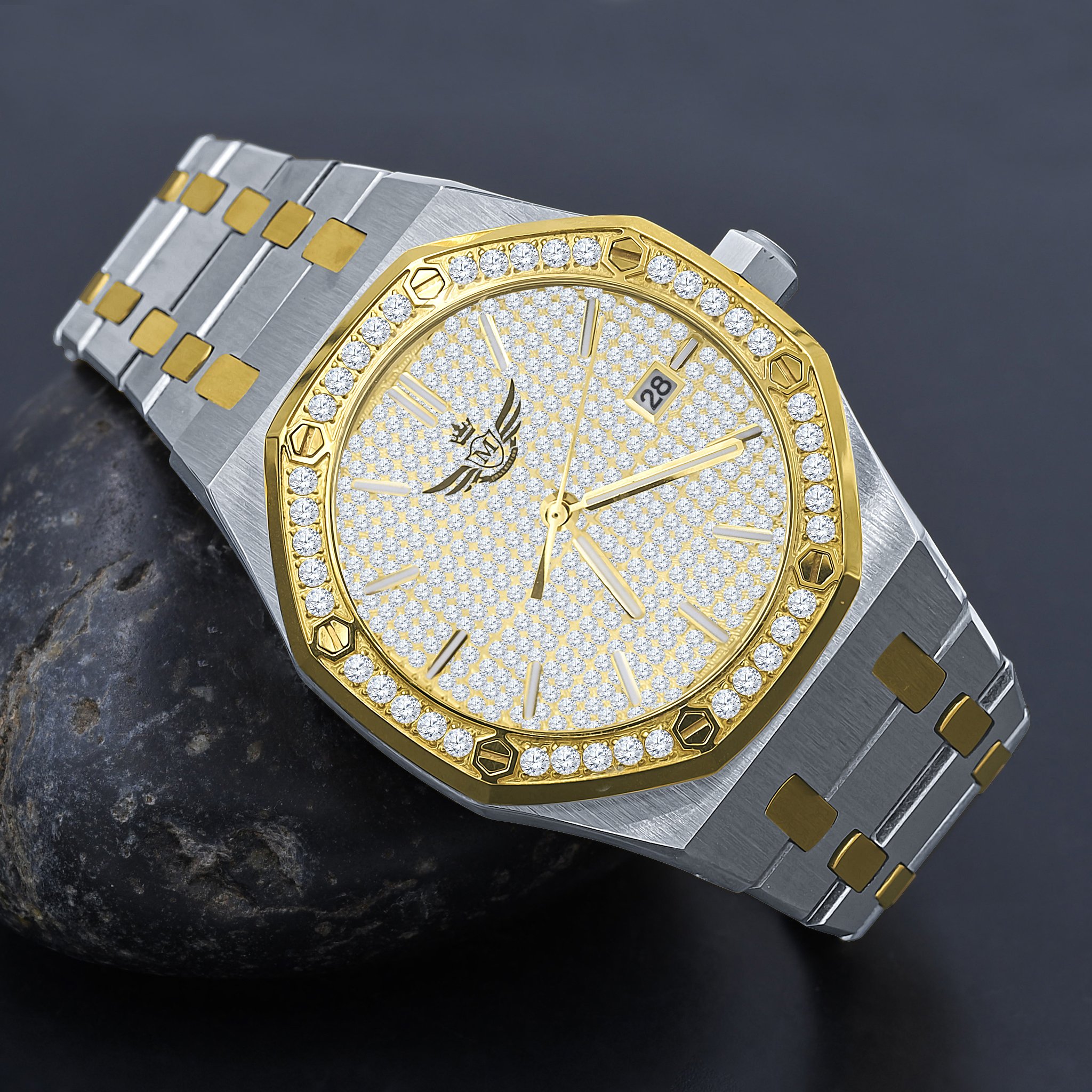 BLUEANGEL Micro Pawe gold chronograph watch with CZ stones and stainless steel bracelet.