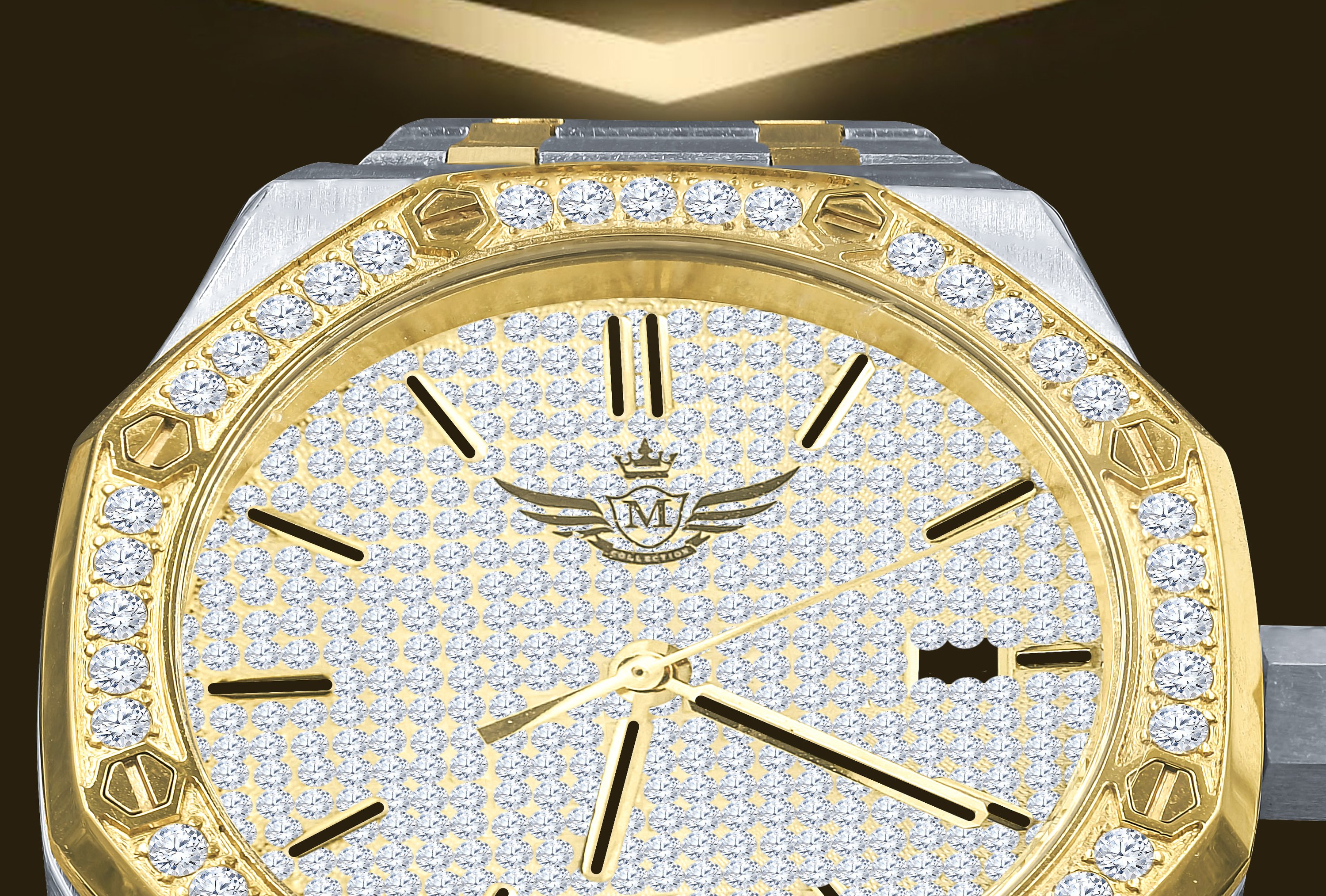 BLUEANGEL Micro Pawe gold chronograph watch with CZ stones and stainless steel bracelet.