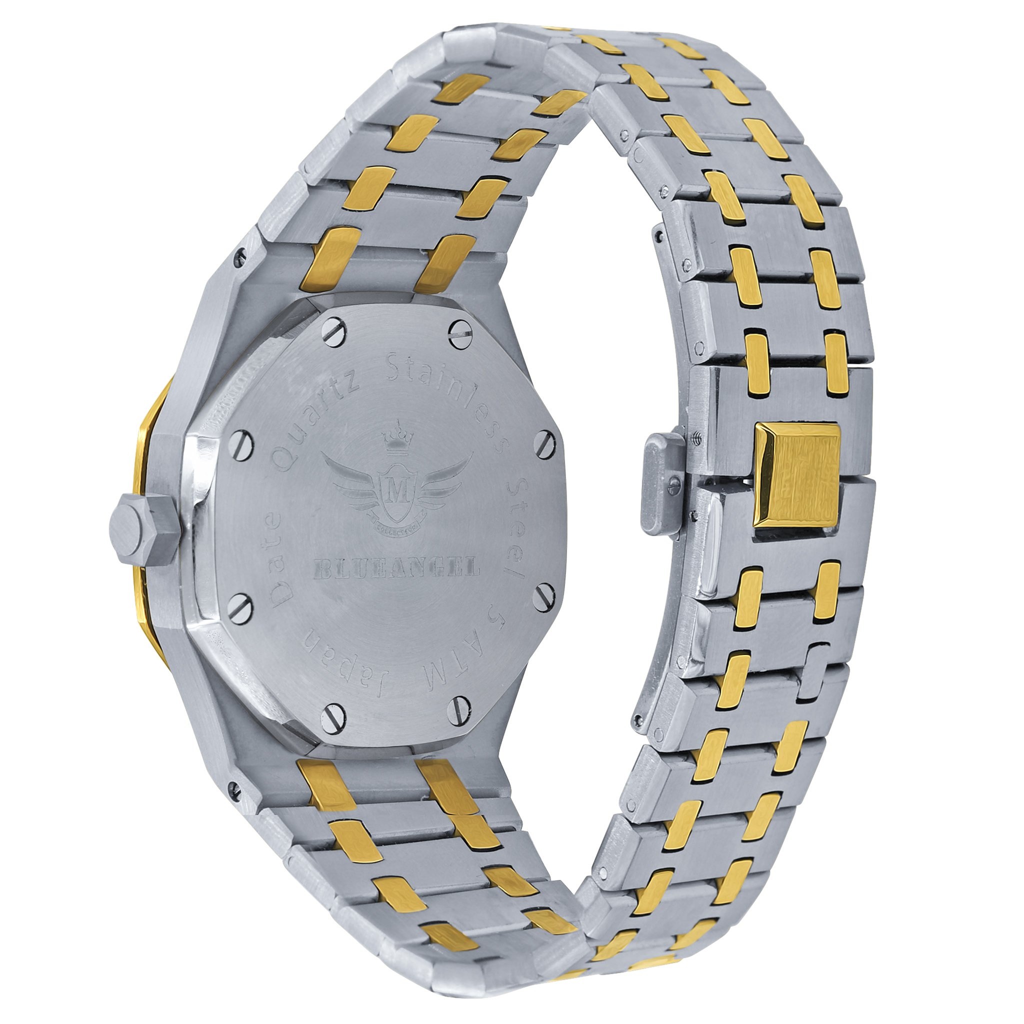 BLUEANGEL Micro Pawe gold chronograph watch with CZ stones and stainless steel bracelet.