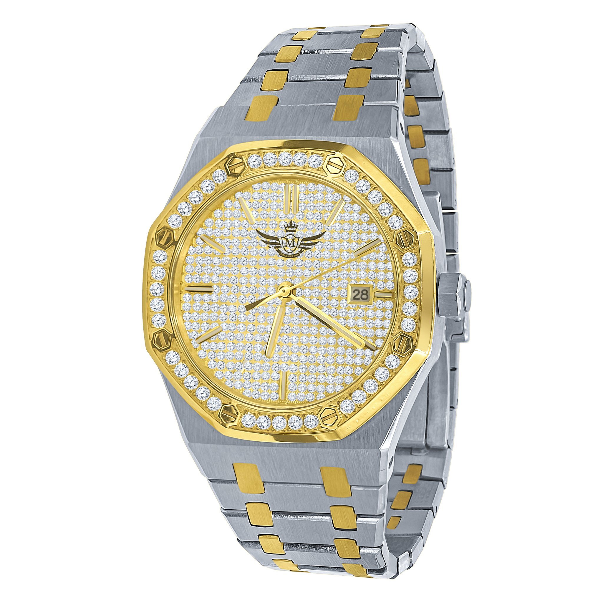 BLUEANGEL Micro Pawe gold chronograph watch with CZ stones and stainless steel bracelet.