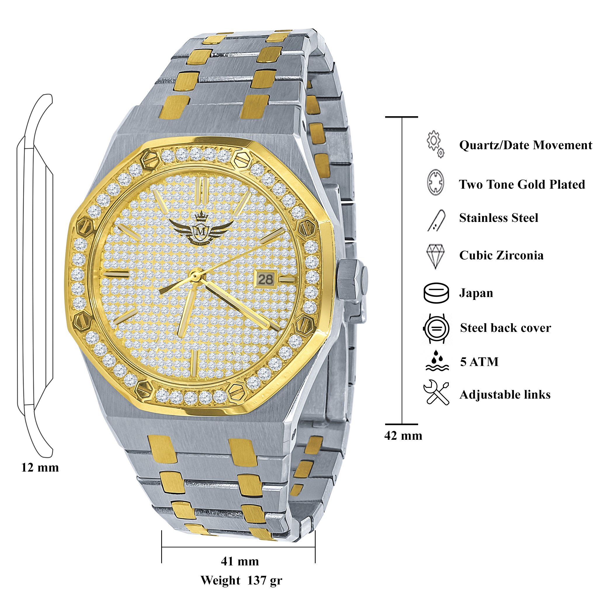 BLUEANGEL Micro Pawe gold chronograph watch with CZ stones and stainless steel bracelet.