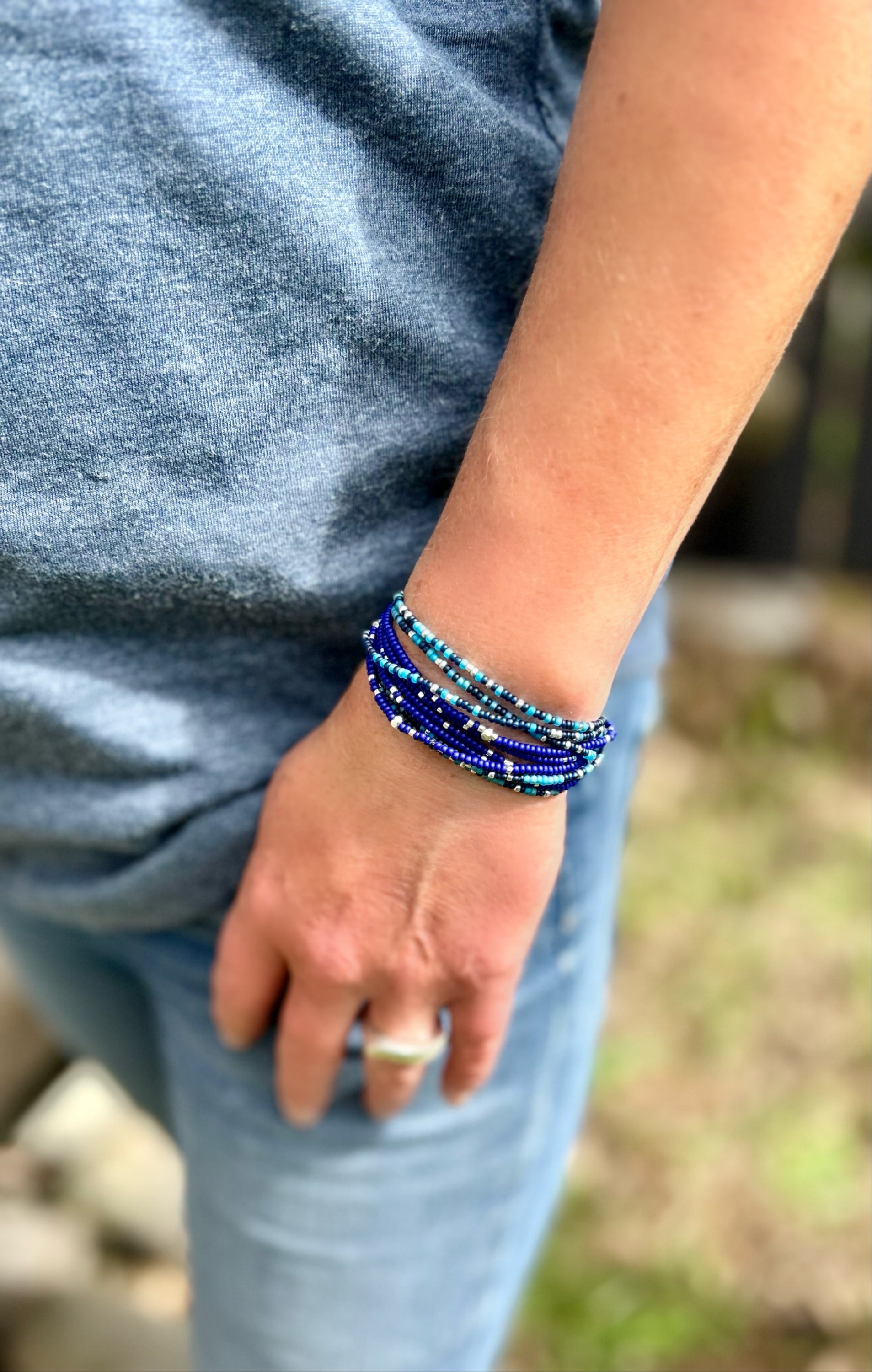 Blues Mix 2-Piece Silver-Sprinkle Beaded Wrap Bracelet featuring deep blue and mixed blue shades with silver accents.