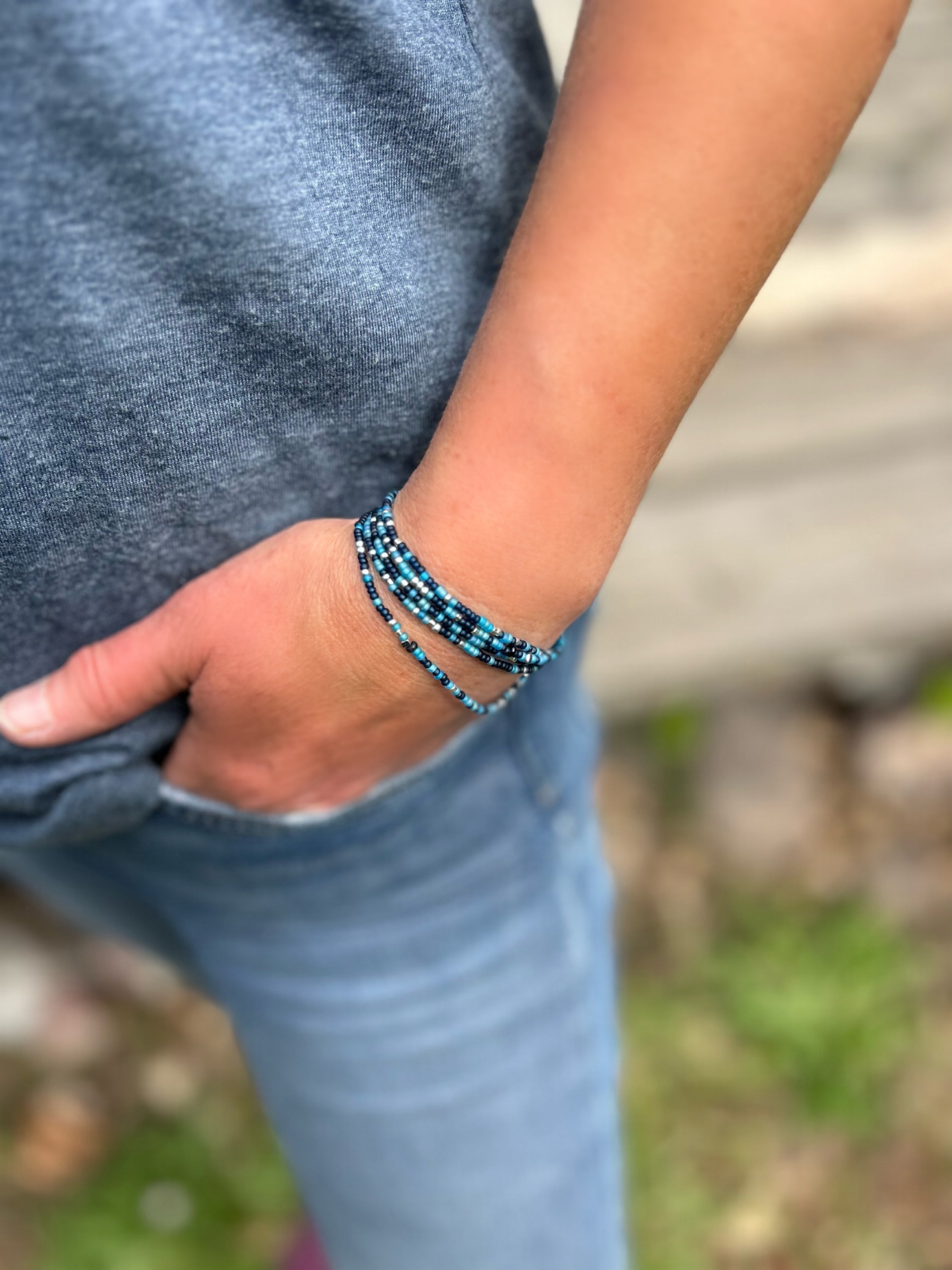 Blues Mix 2-Piece Silver-Sprinkle Beaded Wrap Bracelet featuring deep blue and mixed blue shades with silver accents.