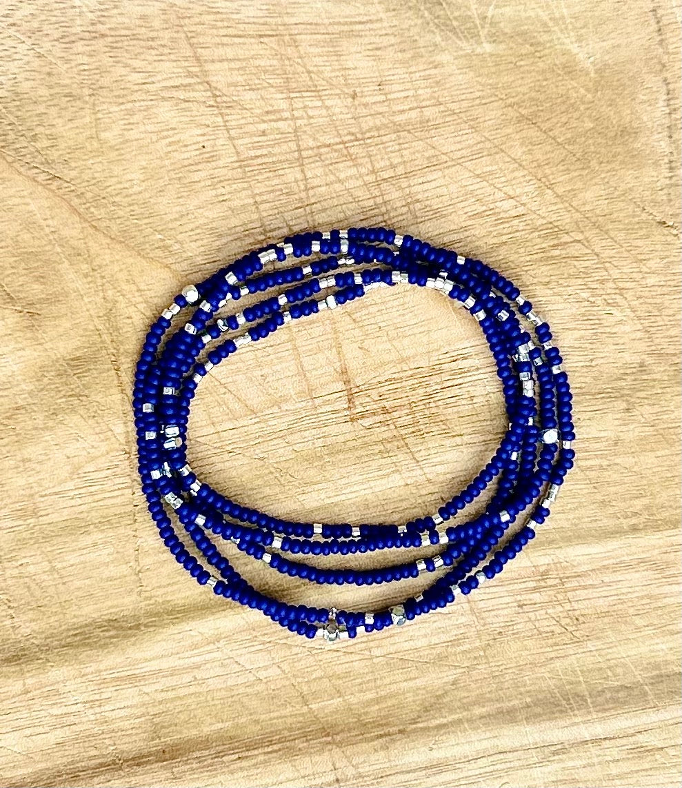 Blues Mix 2-Piece Silver-Sprinkle Beaded Wrap Bracelet featuring deep blue and mixed blue shades with silver accents.