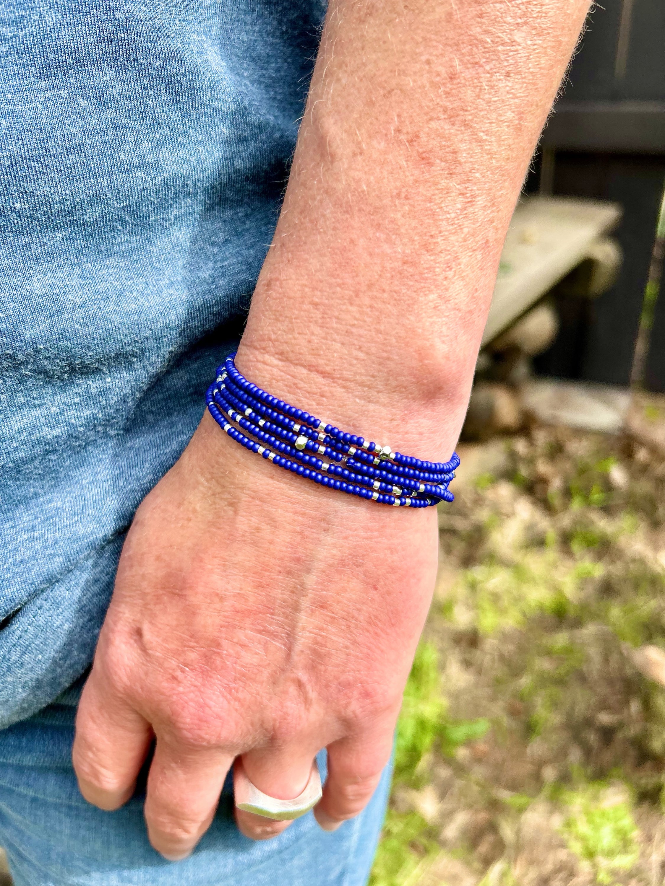 Blues Mix 2-Piece Silver-Sprinkle Beaded Wrap Bracelet featuring deep blue and mixed blue shades with silver accents.