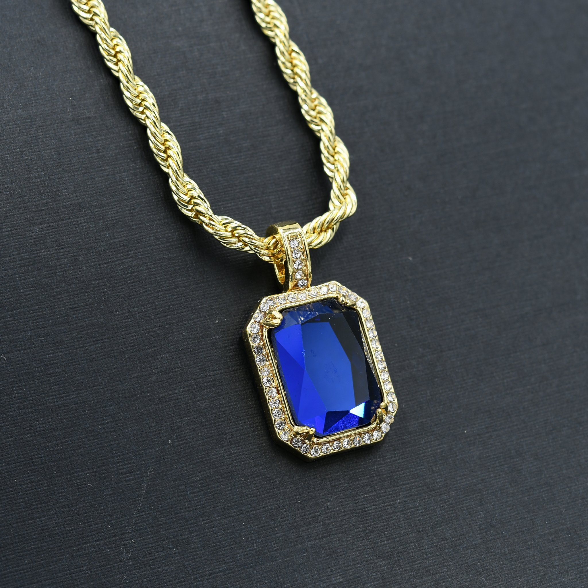 BLUESHINE Necklace featuring a rectangular CZ pendant with a crystal-studded border on a 24-inch rope chain.