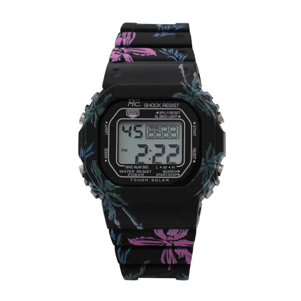 Blytheville Montres Carlo Digital Watch featuring a black floral print and silicon band.