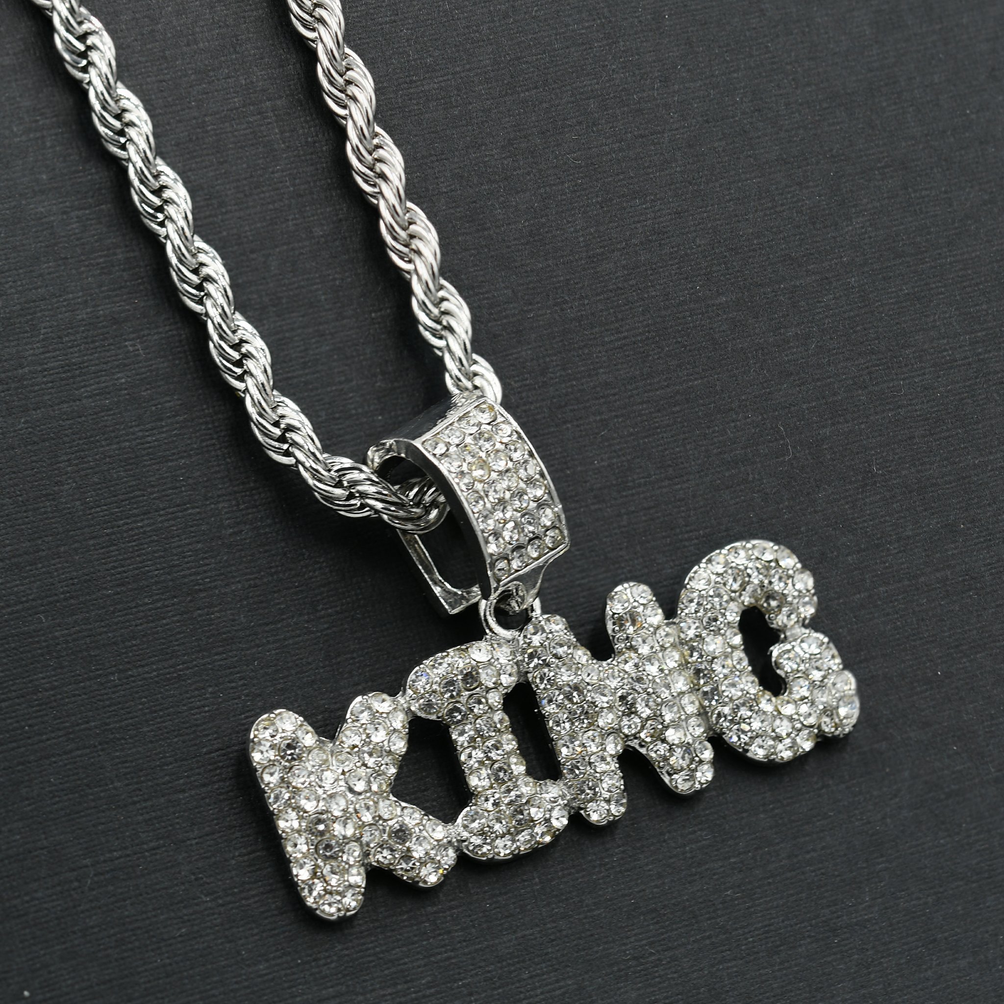 BMF Chain and Charm featuring a crystal stone studded pendant on a 24'' rope chain, showcasing intricate hip-hop jewelry design.