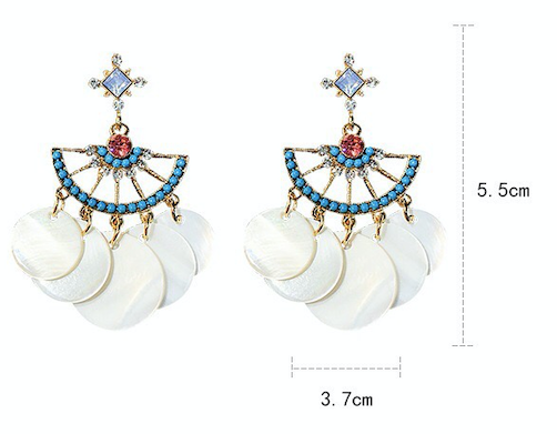 Bohemia fan-shaped shell drop earrings featuring alloy, stone, rhinestones, and pearls, elegantly designed for a stylish look.