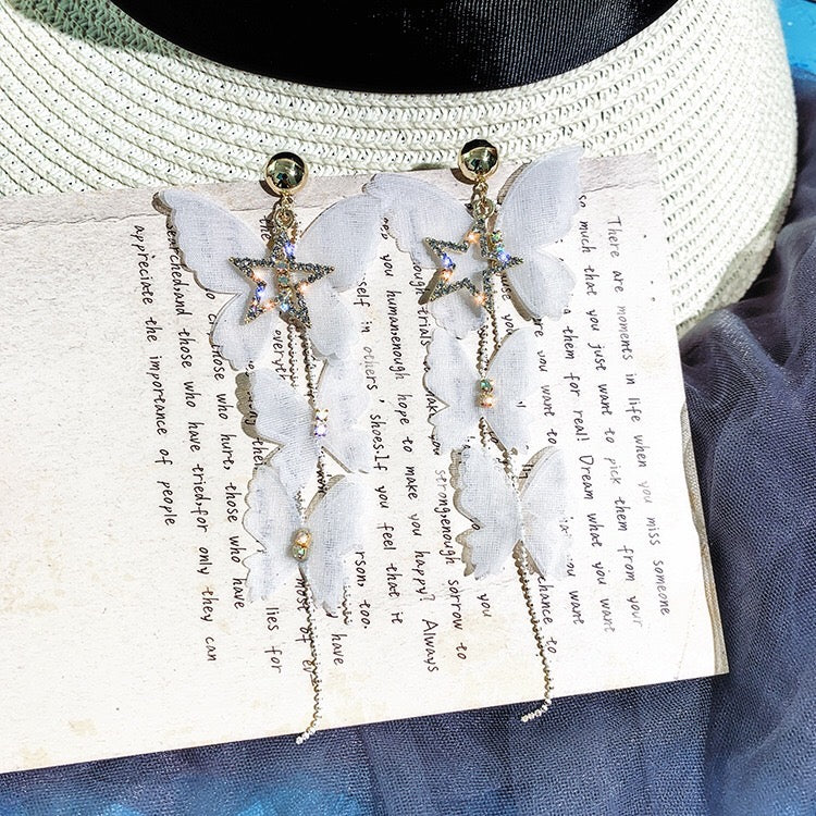 Elegant Bohemia Lace Butterfly Earrings with Triple Pearl Tassels, showcasing intricate lace design and sparkling rhinestones.