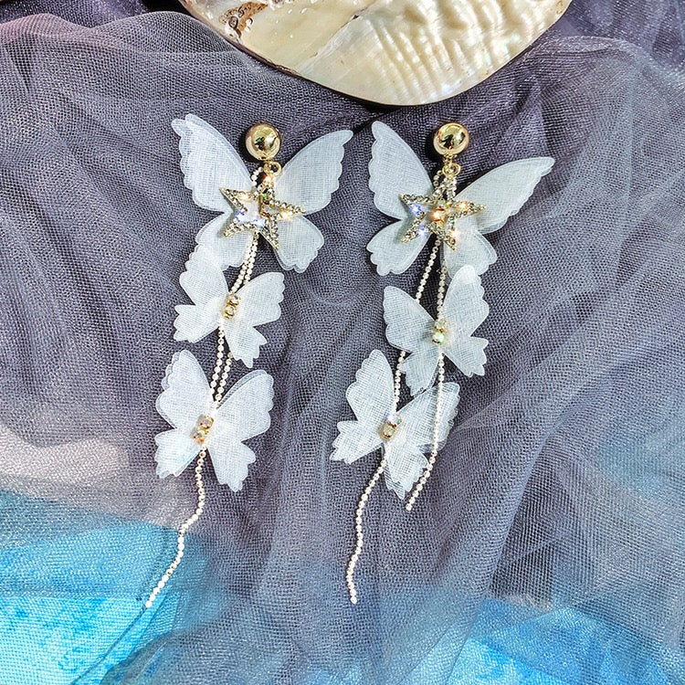 Elegant Bohemia Lace Butterfly Earrings with Triple Pearl Tassels, showcasing intricate lace design and sparkling rhinestones.