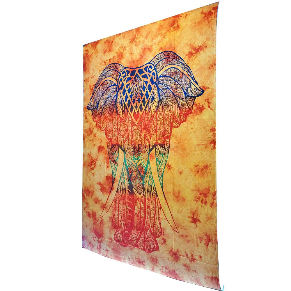 A vibrant Bohemian elephant tapestry featuring a colorful tie-dye pattern, showcasing intricate details of the elephant's trunk, ears, and legs.