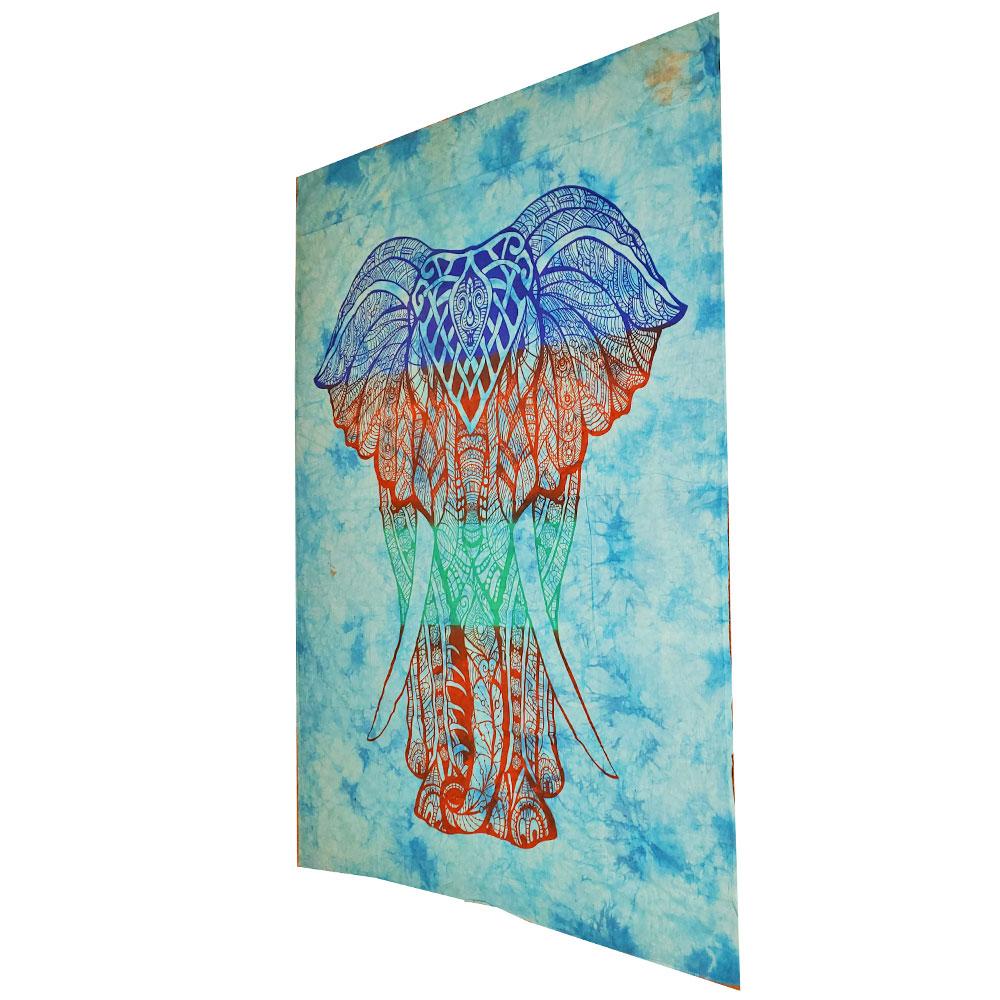 A vibrant Bohemian elephant tapestry featuring a colorful tie-dye pattern, showcasing intricate details of the elephant's trunk, ears, and legs.