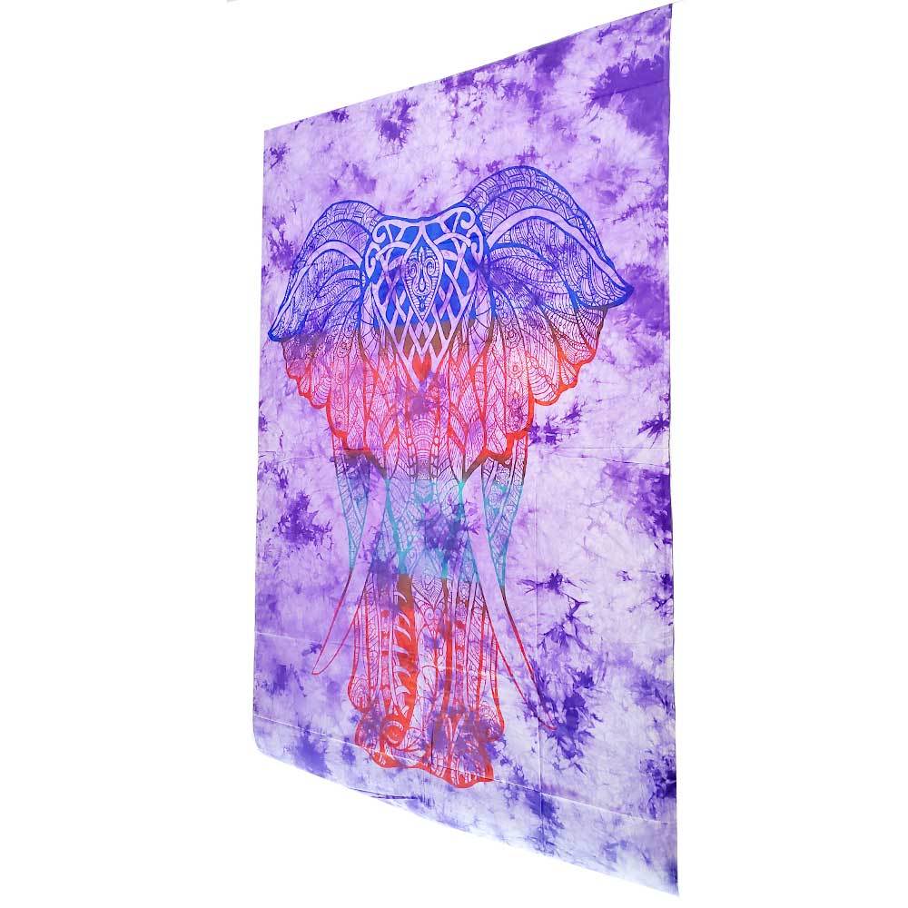 A vibrant Bohemian elephant tapestry featuring a colorful tie-dye pattern, showcasing intricate details of the elephant's trunk, ears, and legs.