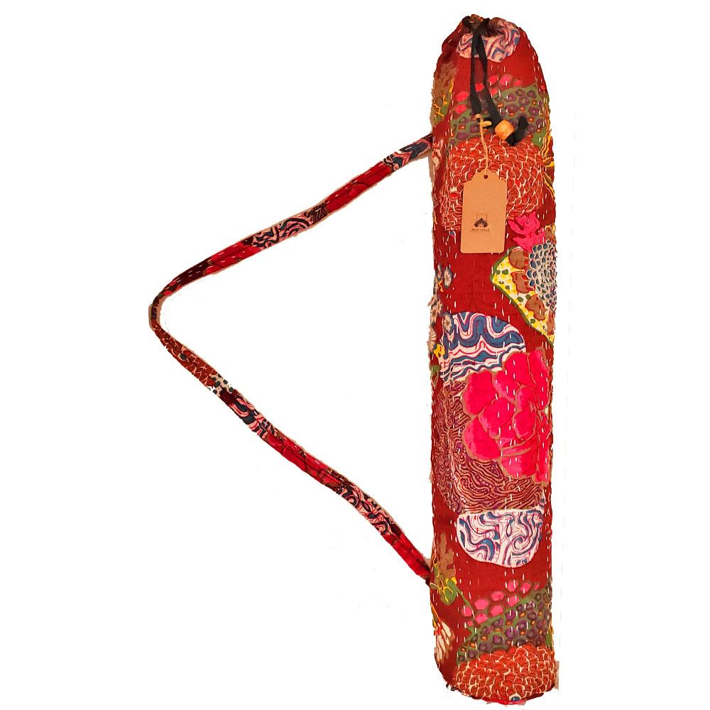 Bohemian Kantha Quilt Yoga Mat Bag with vibrant embroidery and adjustable strap, perfect for carrying yoga mats.