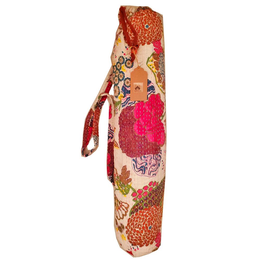 Bohemian Kantha Quilt Yoga Mat Bag with vibrant embroidery and adjustable strap, perfect for carrying yoga mats.