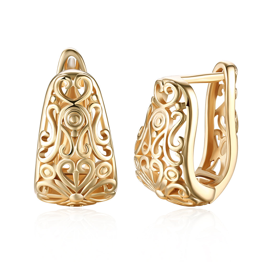 Bohemian Style Filigree Laser Cut Huggie Earring in 18K Gold Plated, showcasing intricate design and luxurious finish.