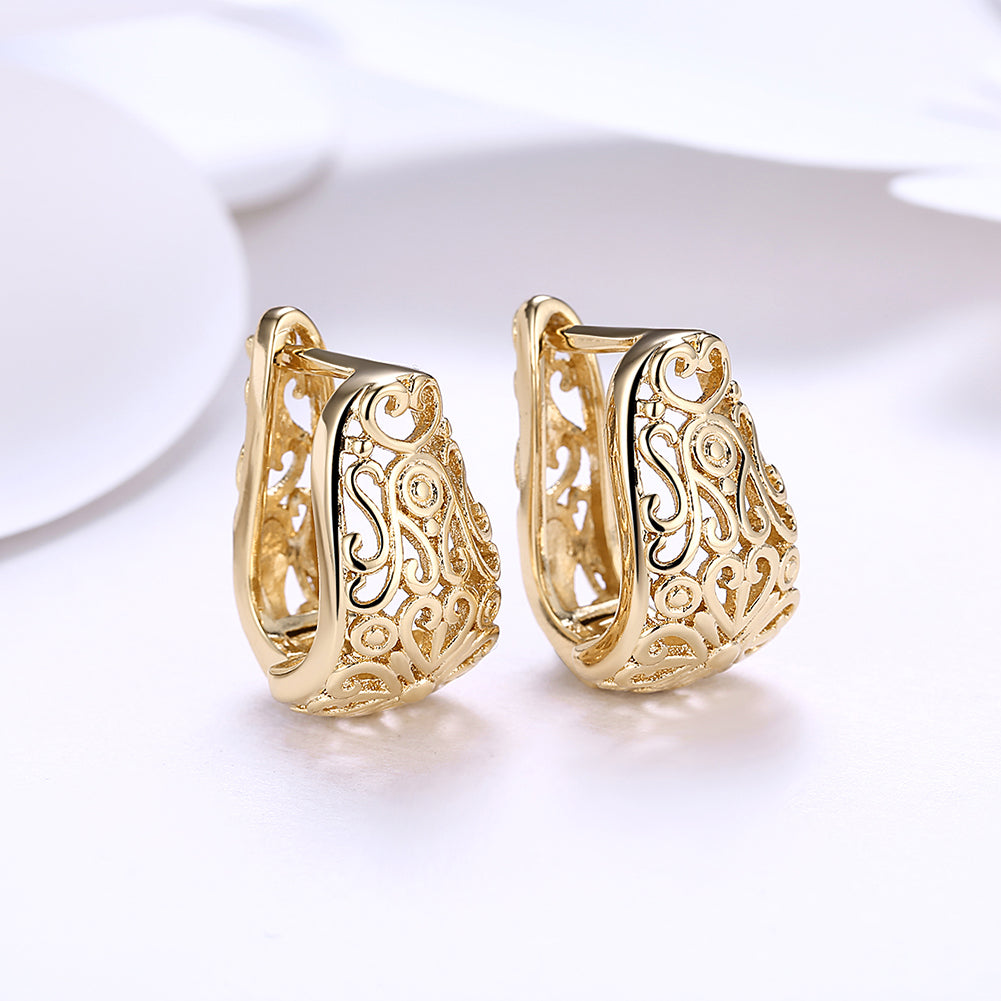 Bohemian Style Filigree Laser Cut Huggie Earring in 18K Gold Plated, showcasing intricate design and luxurious finish.