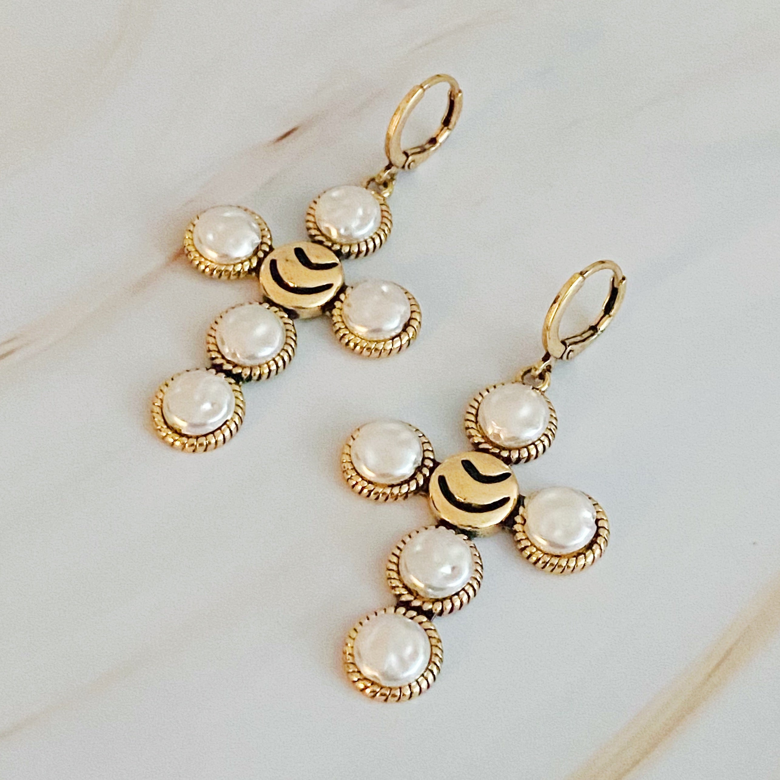 Stylish Boho Bold Cross Earrings featuring gold plated brass and acrylic pearls, perfect for everyday wear and special occasions.