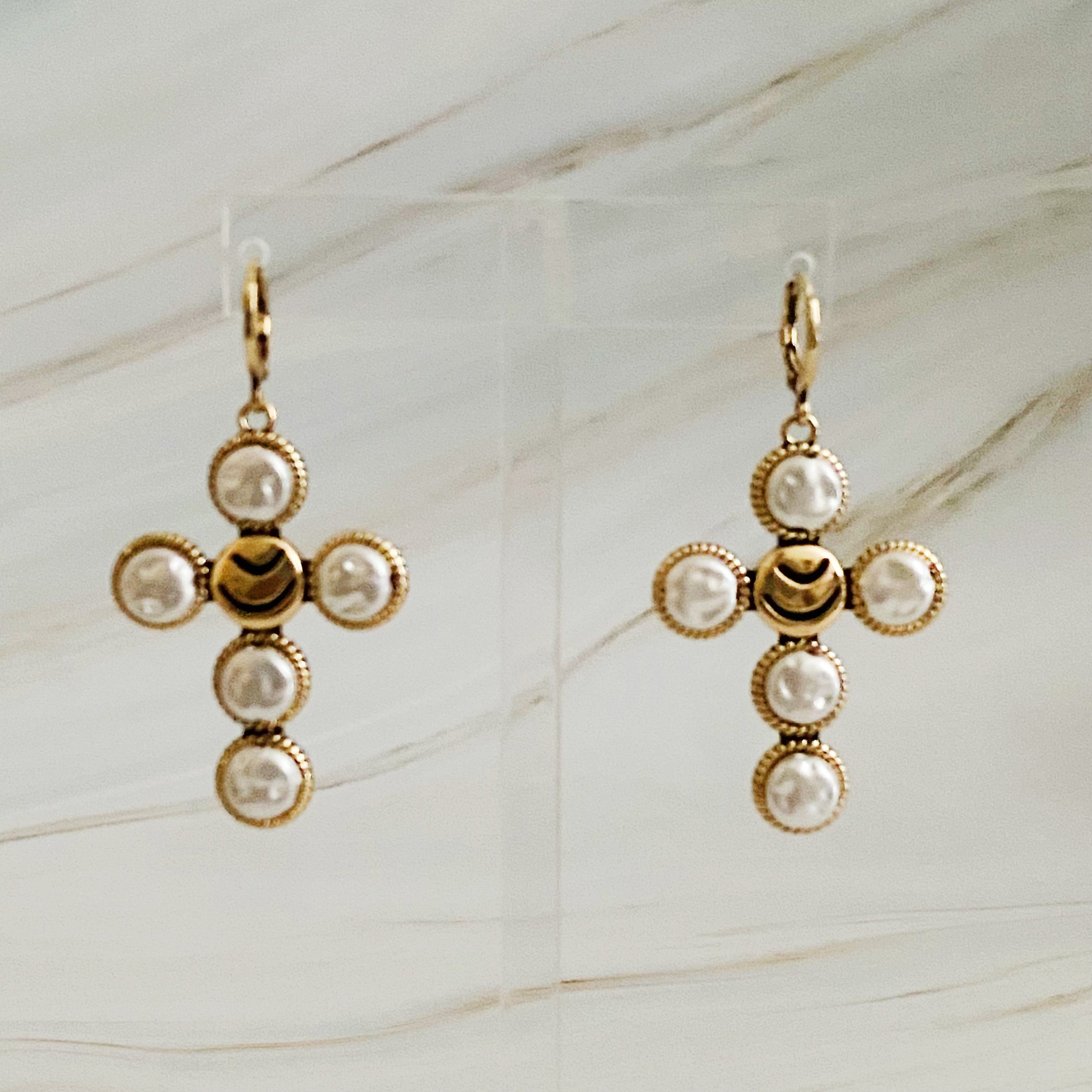 Stylish Boho Bold Cross Earrings featuring gold plated brass and acrylic pearls, perfect for everyday wear and special occasions.