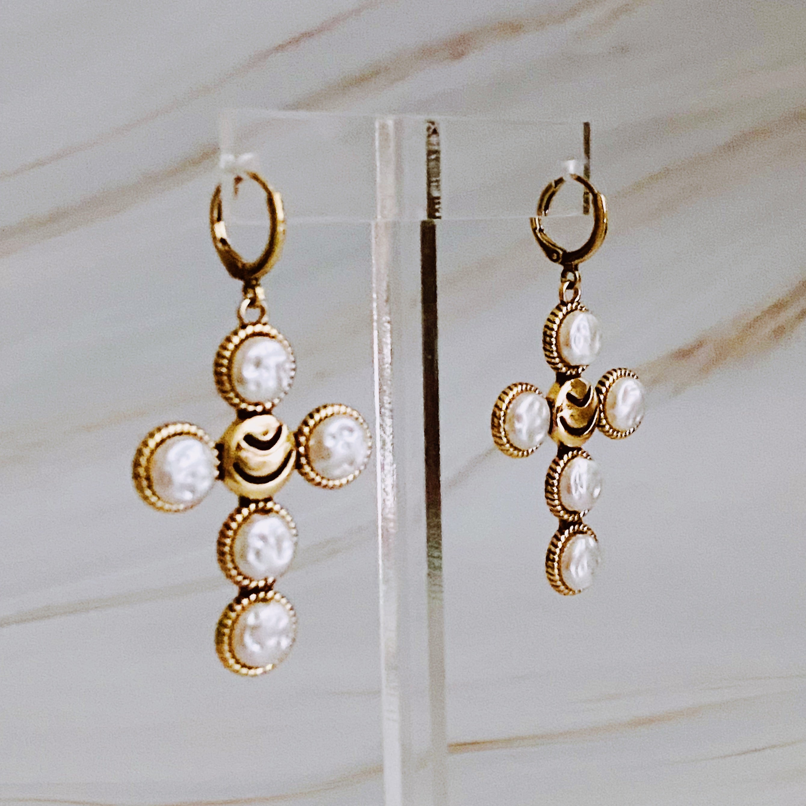 Stylish Boho Bold Cross Earrings featuring gold plated brass and acrylic pearls, perfect for everyday wear and special occasions.