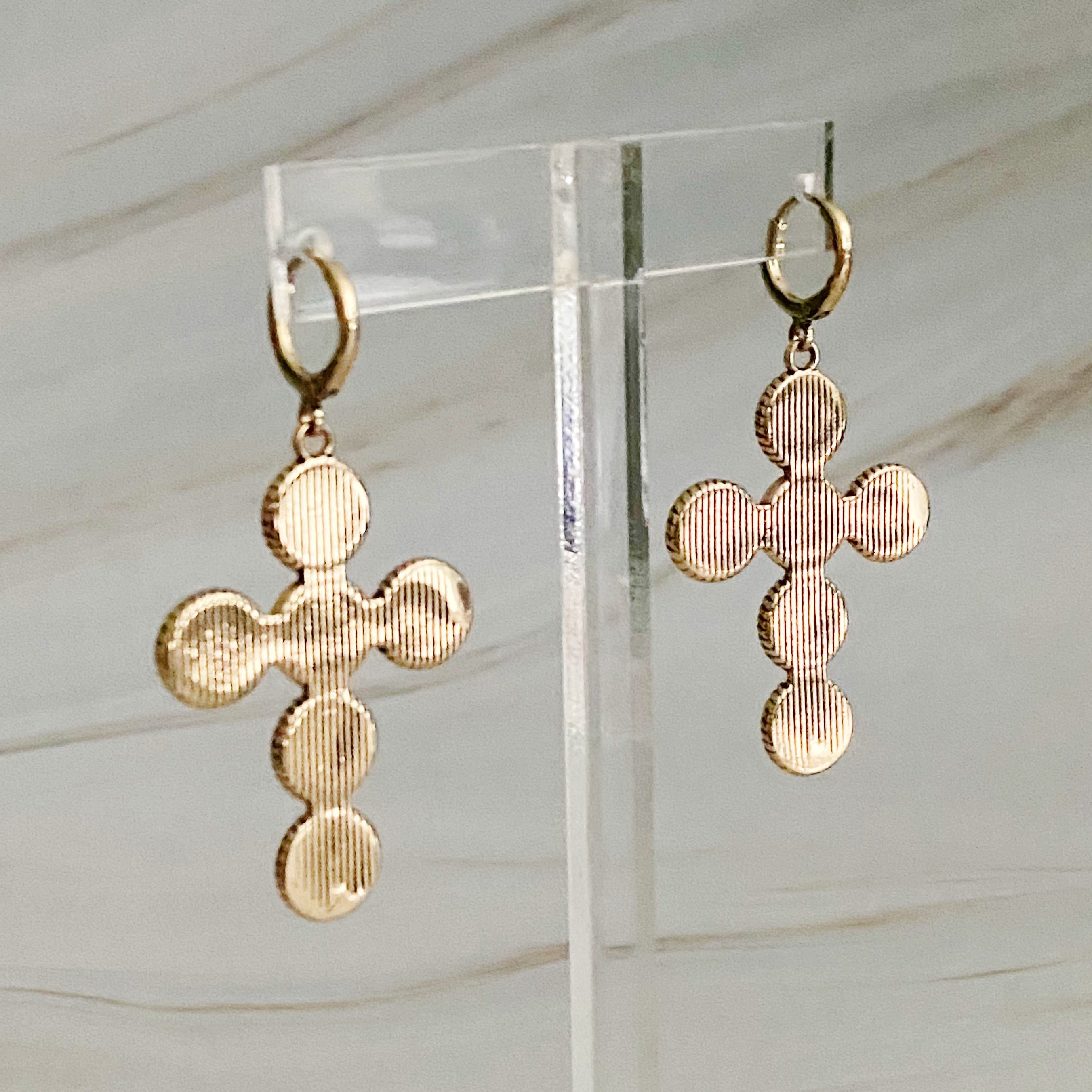 Stylish Boho Bold Cross Earrings featuring gold plated brass and acrylic pearls, perfect for everyday wear and special occasions.