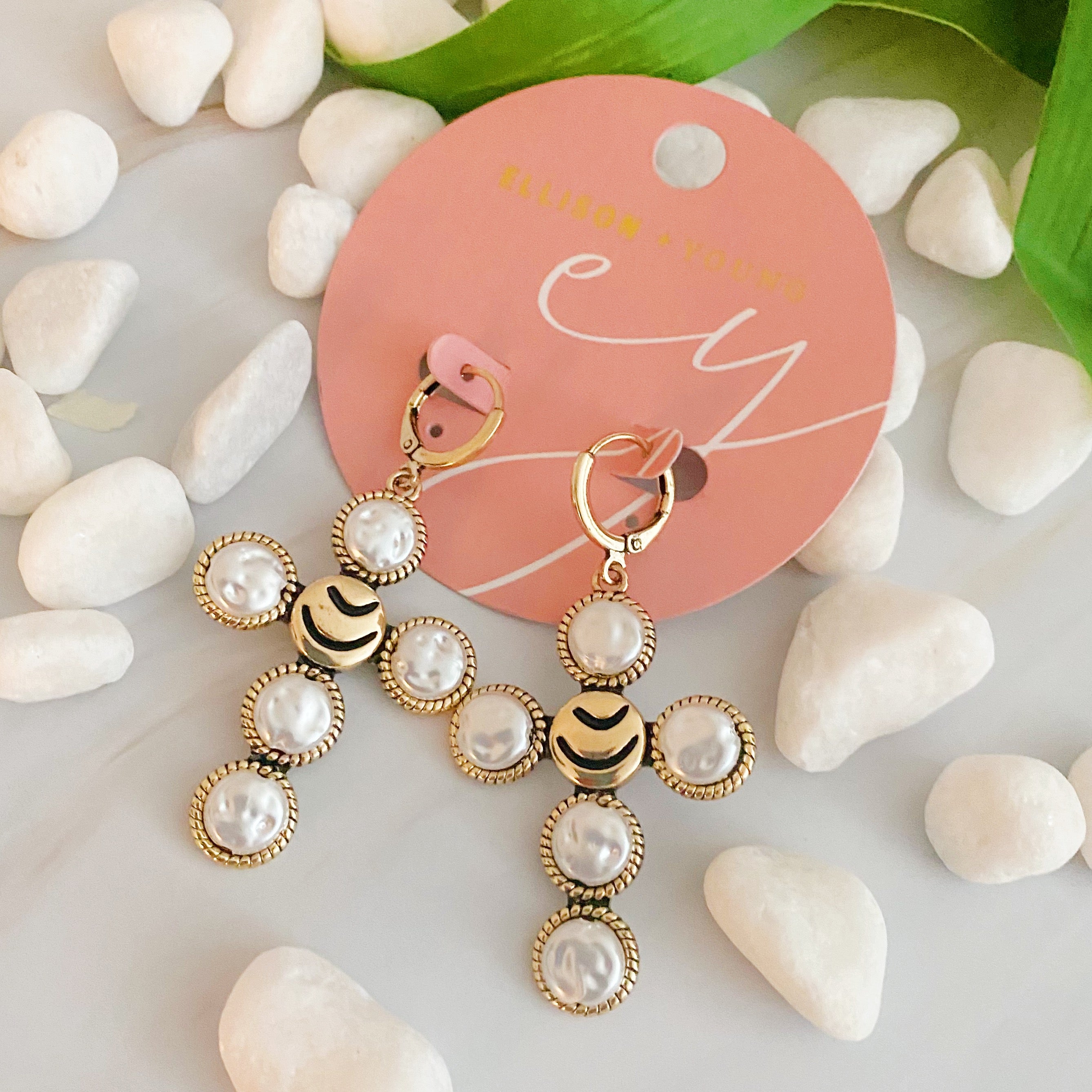 Stylish Boho Bold Cross Earrings featuring gold plated brass and acrylic pearls, perfect for everyday wear and special occasions.