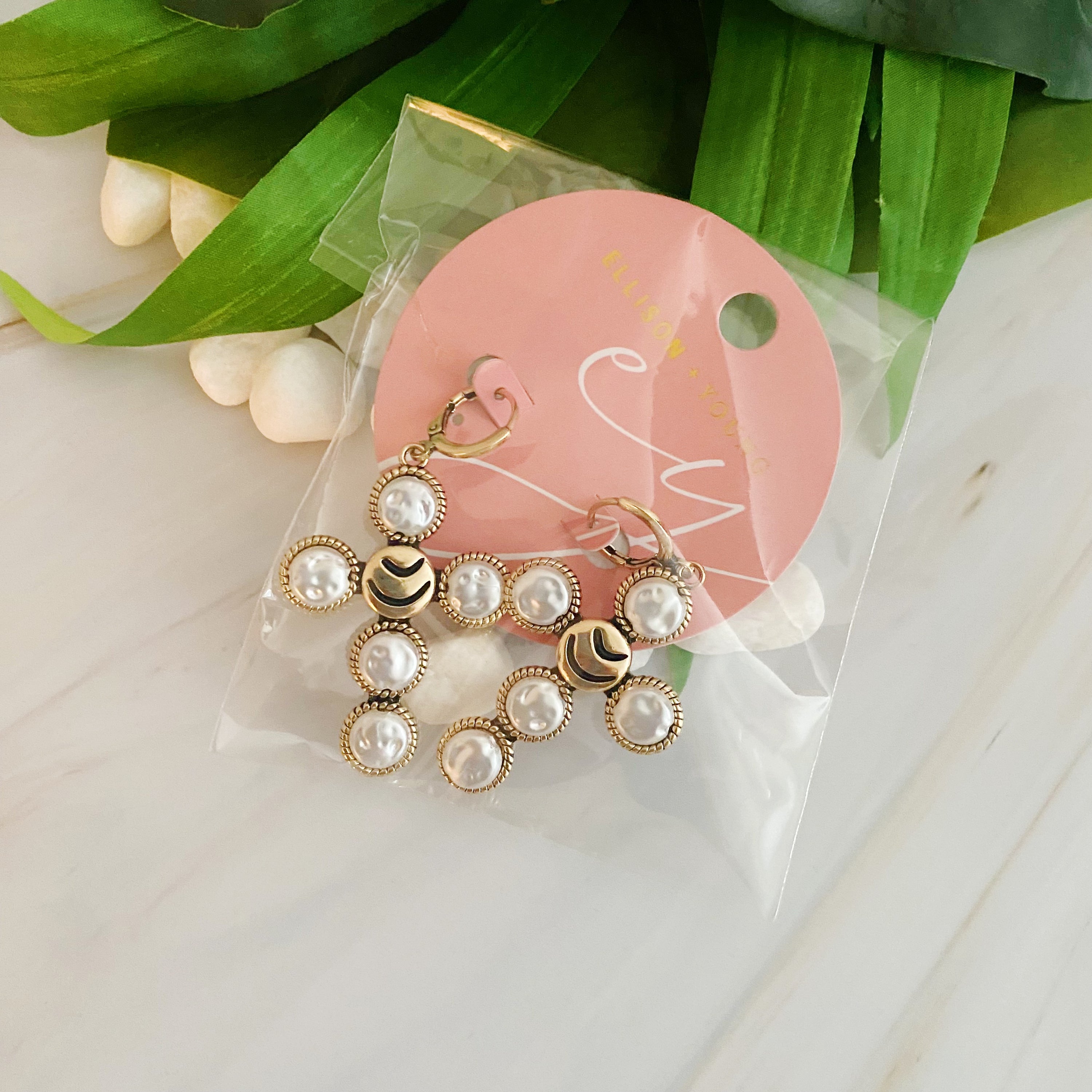 Stylish Boho Bold Cross Earrings featuring gold plated brass and acrylic pearls, perfect for everyday wear and special occasions.