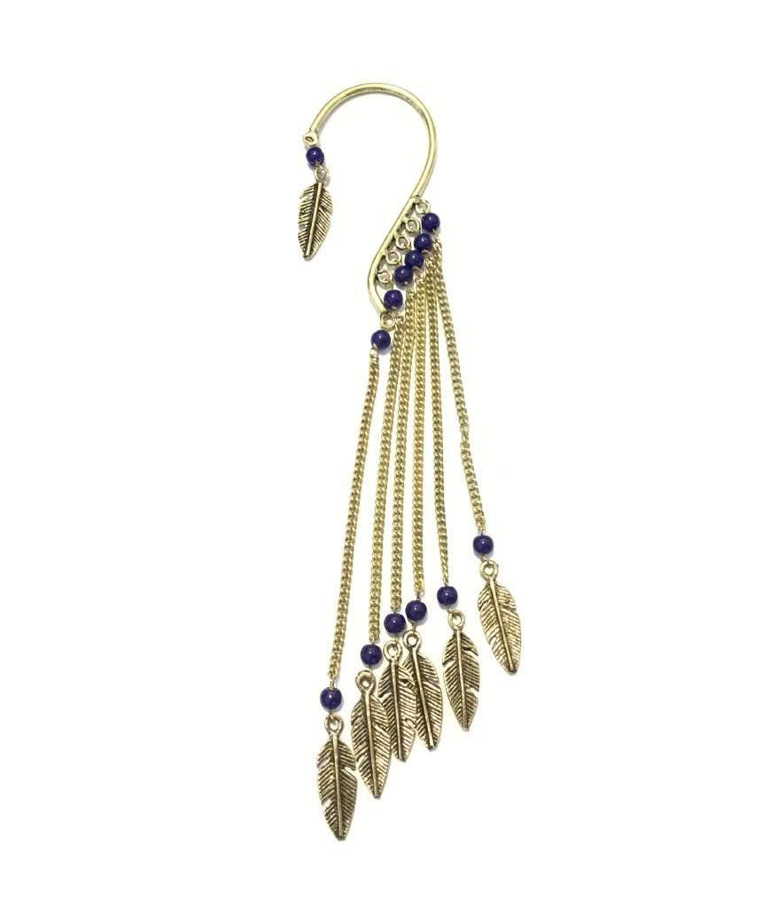 Boho Earcuff featuring feathers and beads, elegantly designed with intricate chains, perfect for casual and party looks.