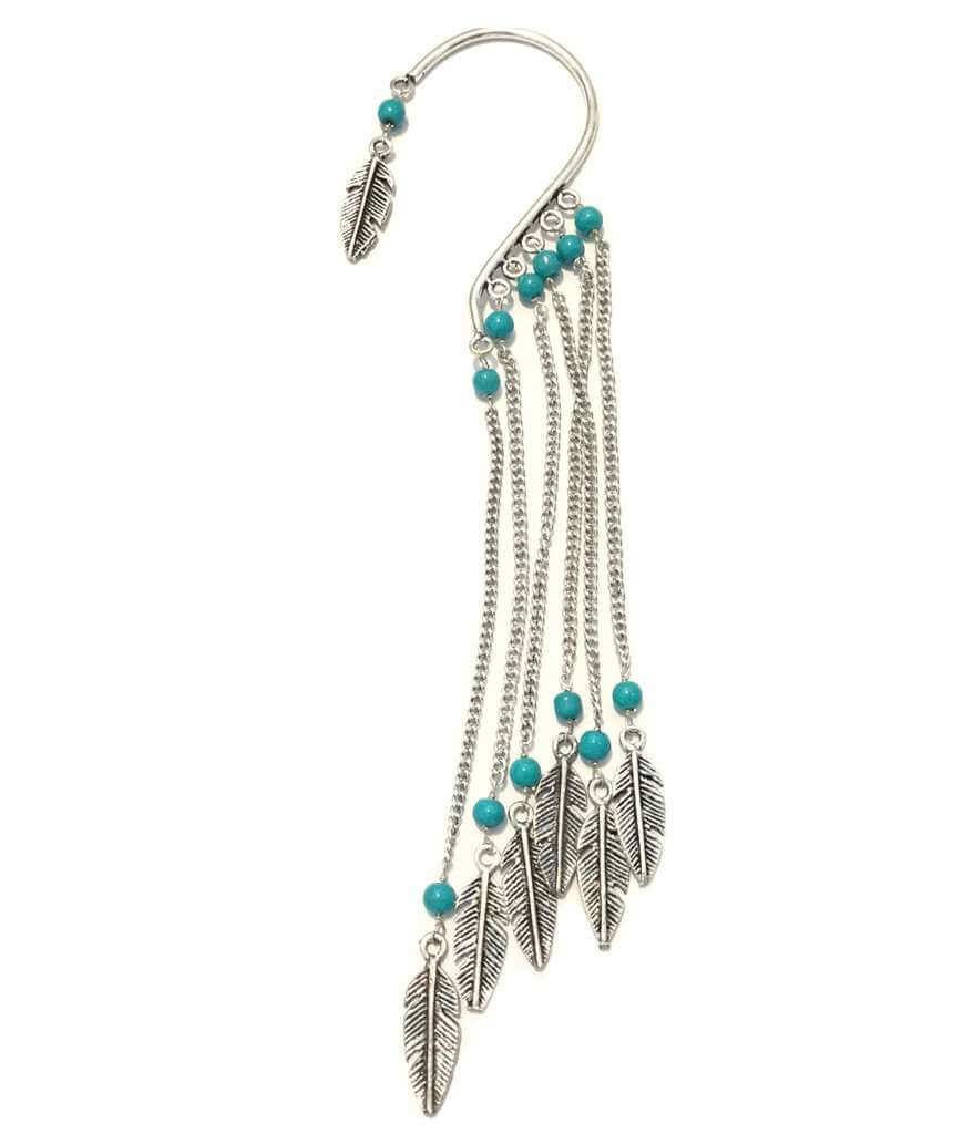 Boho Earcuff featuring feathers and beads, elegantly designed with intricate chains, perfect for casual and party looks.