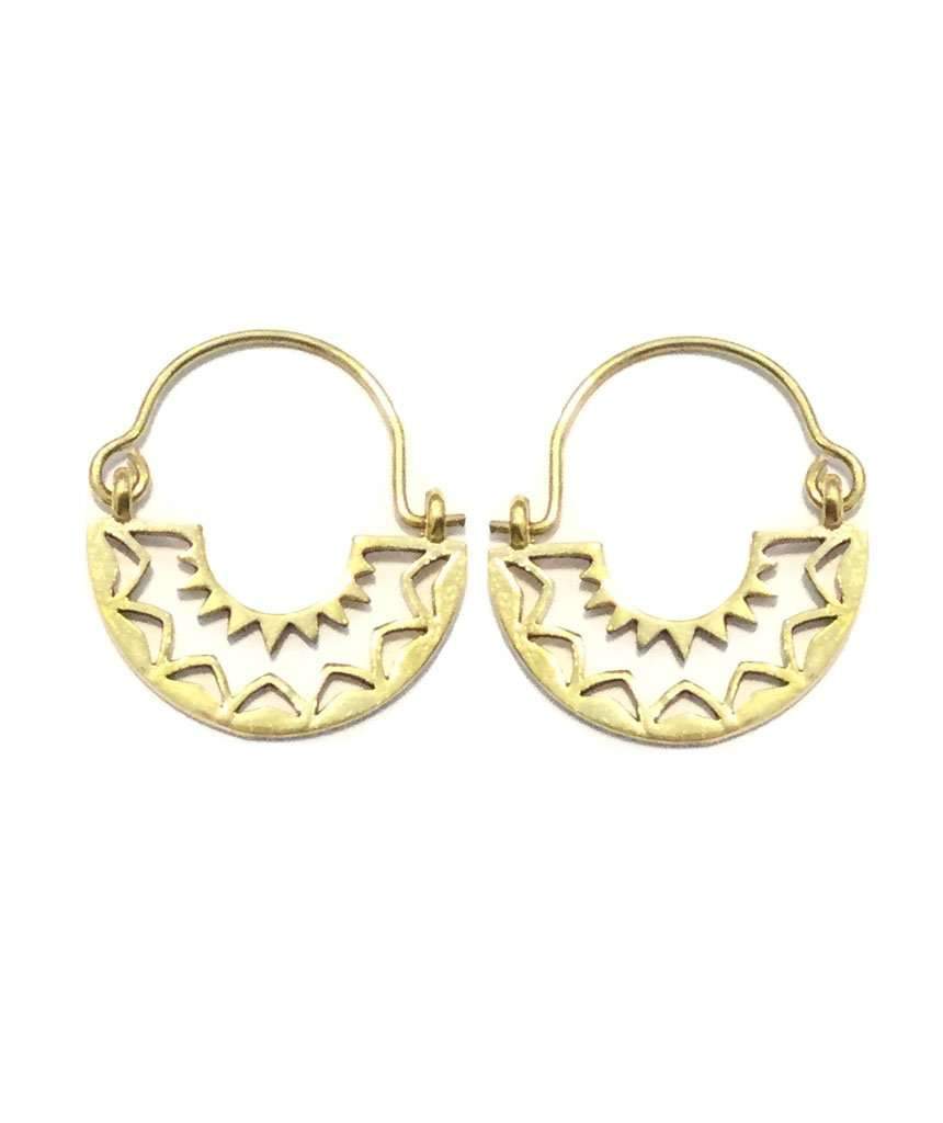 A pair of Boho hoop earrings featuring a unique triangular design, crafted from brass and silver, suitable for sensitive skin.