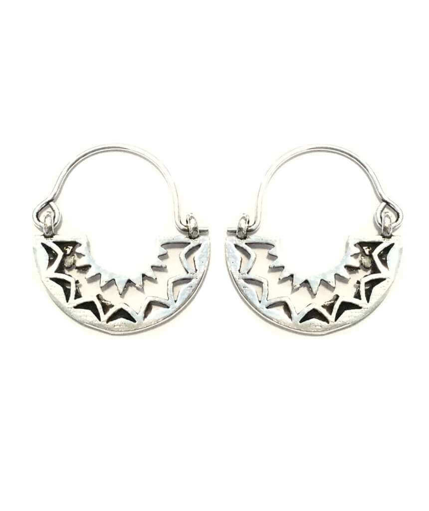 A pair of Boho hoop earrings featuring a unique triangular design, crafted from brass and silver, suitable for sensitive skin.