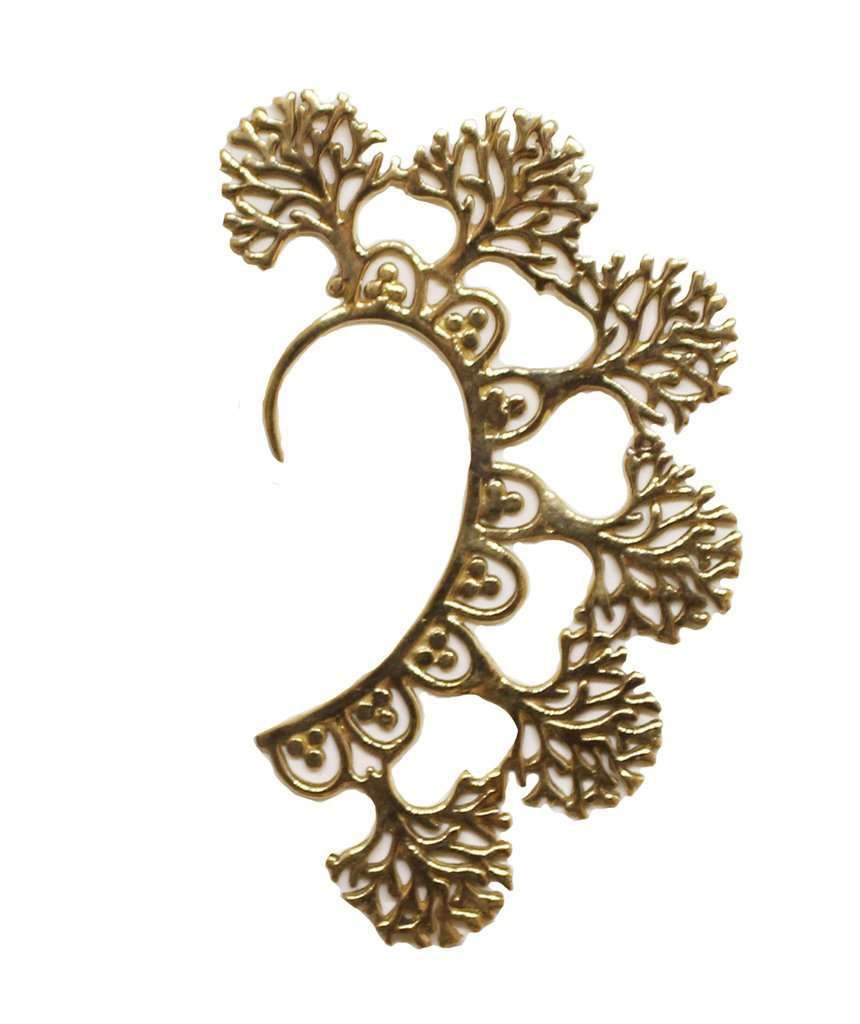 Boho Tree Earcuff featuring a detailed tree of life design in gold and silver, elegantly wrapping around the ear.