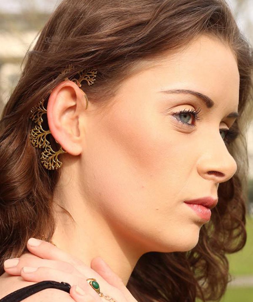 Boho Tree Earcuff featuring a detailed tree of life design in gold and silver, elegantly wrapping around the ear.