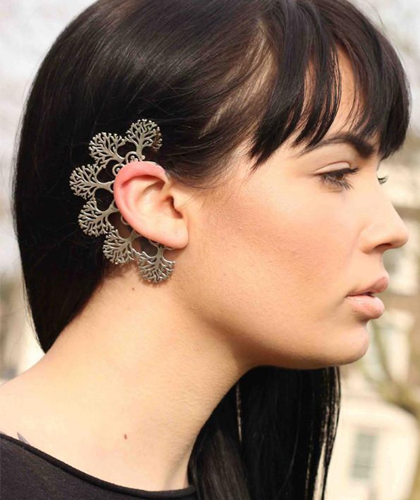 Boho Tree Earcuff featuring a detailed tree of life design in gold and silver, elegantly wrapping around the ear.