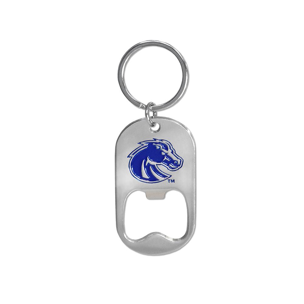 Boise State University Bottle Opener Keychain with logo and silver finish, perfect for tailgating.