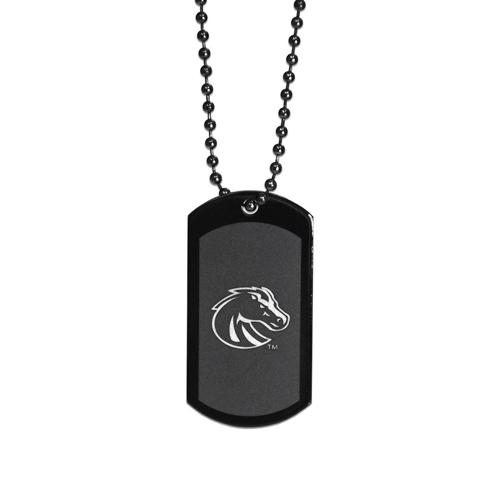 Boise State Broncos Dog Tag featuring the university logo on a black finish, attached to a 24-inch adjustable ball chain.