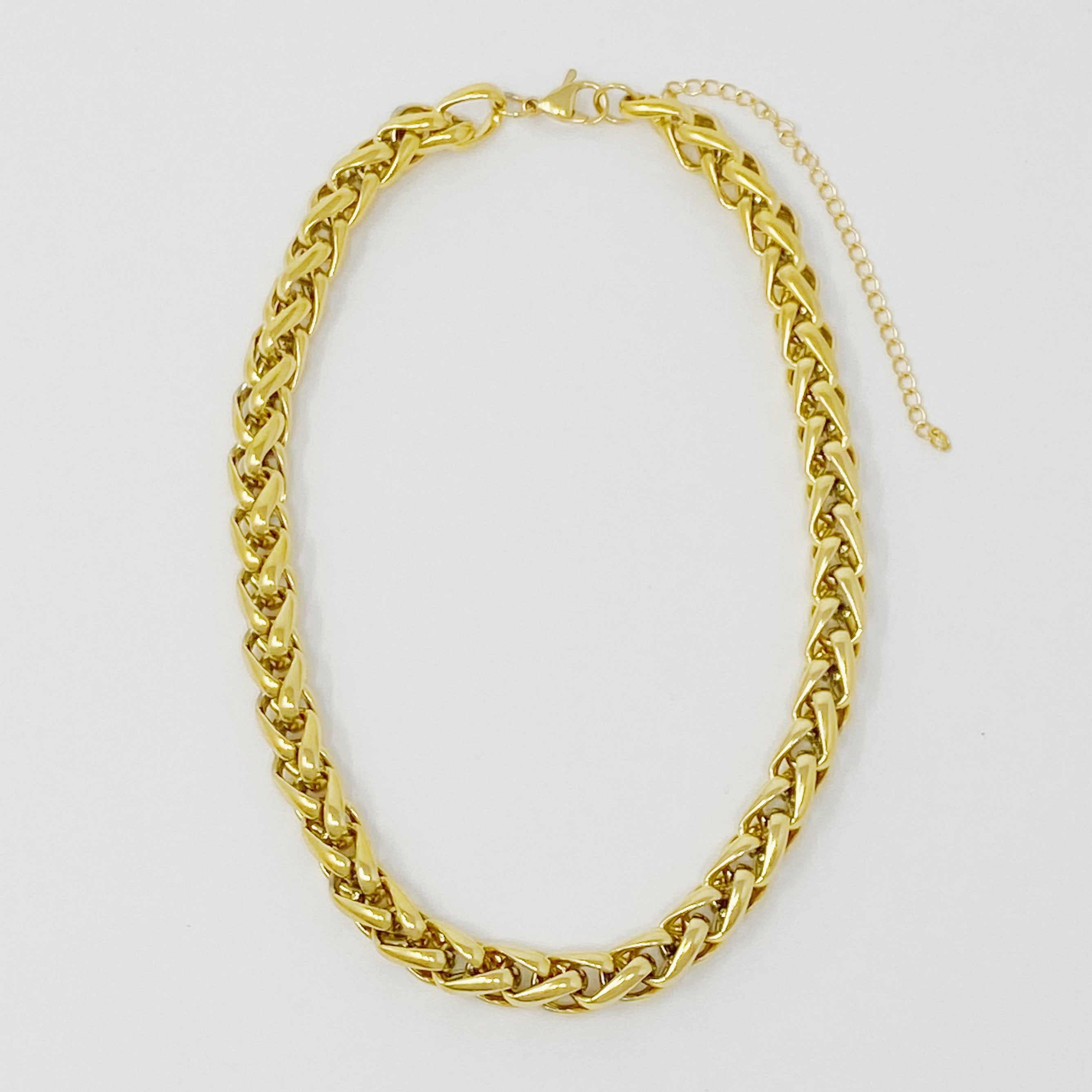 Bold and Edgy Chain Necklace featuring small links, 18k gold plated stainless steel, and a stylish design for layering.